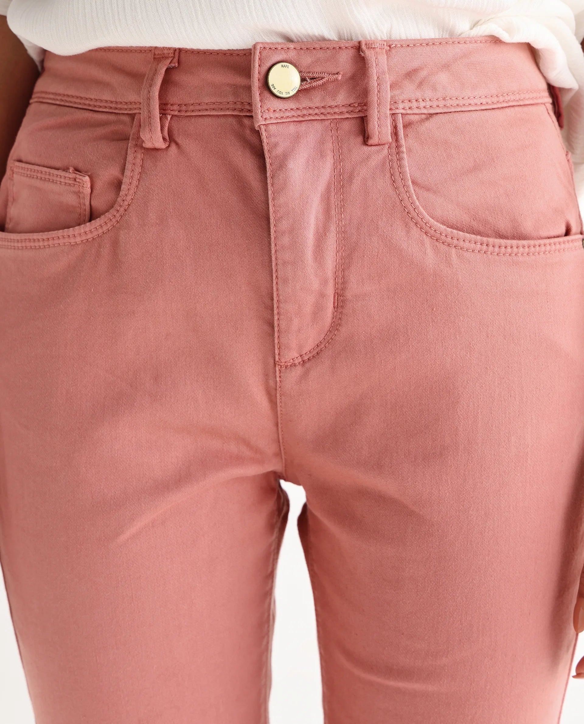 Rareism Women's Kocho Pink Cotton Blend Plain Ankle Length Slim Fit Jeans