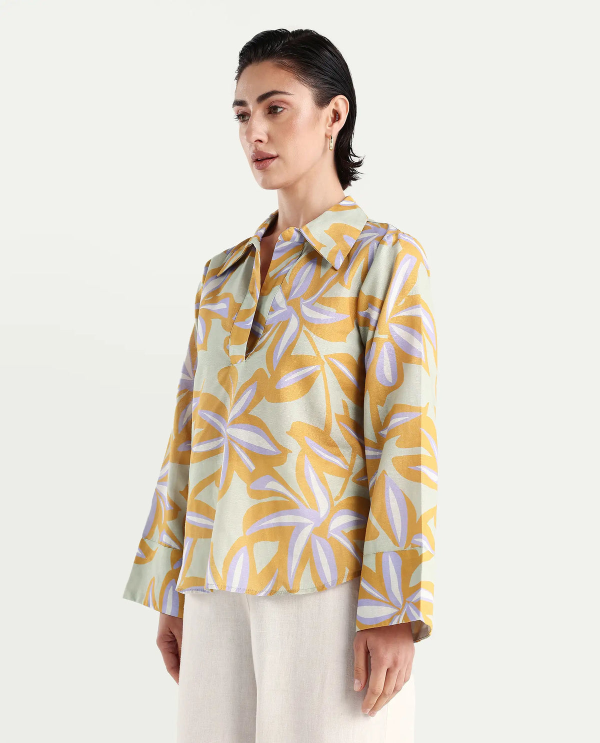Rareism Women's Kofianie Brown Cotton Blend Drop Collar Abstract Print Bell Sleeve Regular Fit Top