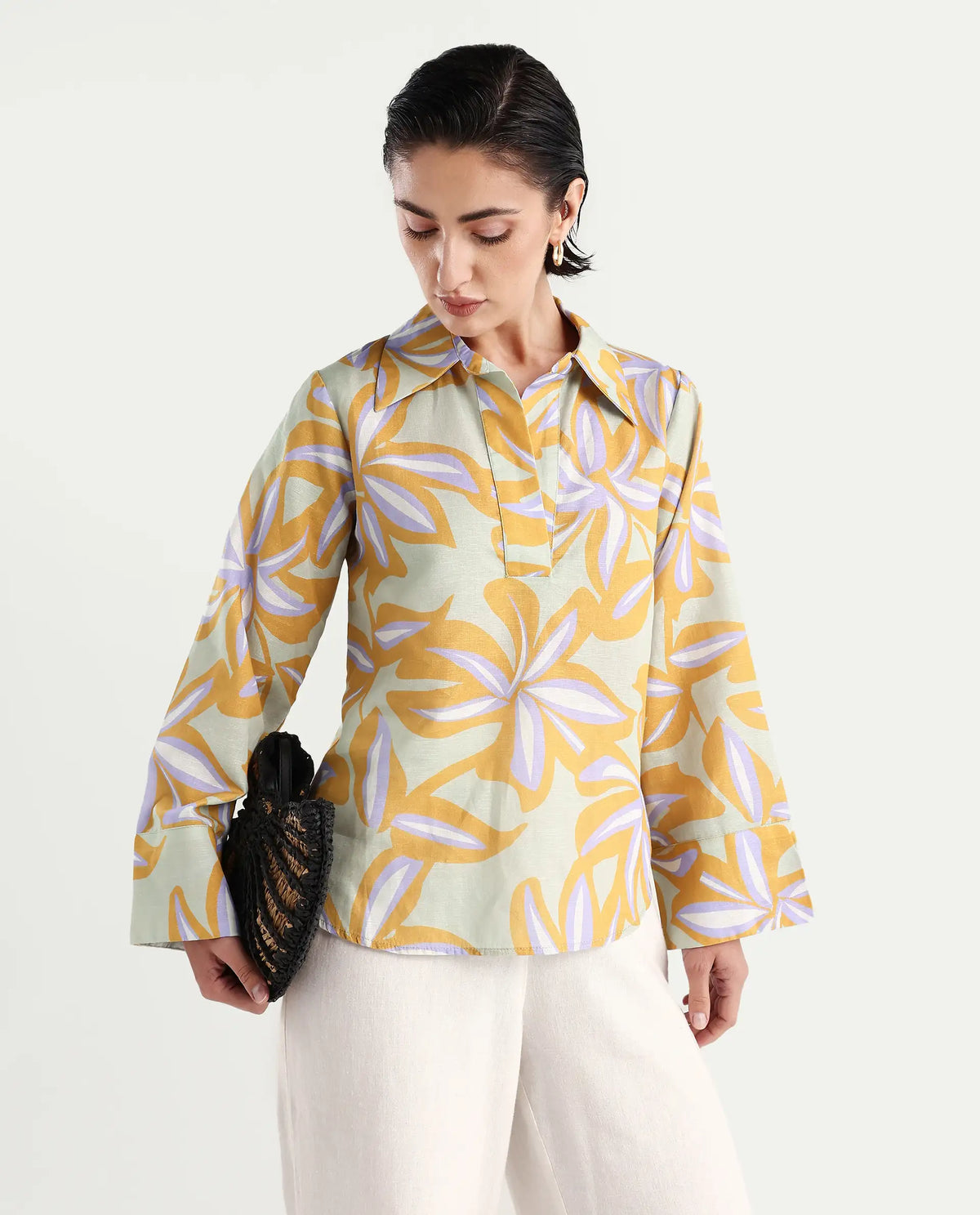 Rareism Women's Kofianie Brown Cotton Blend Drop Collar Abstract Print Bell Sleeve Regular Fit Top