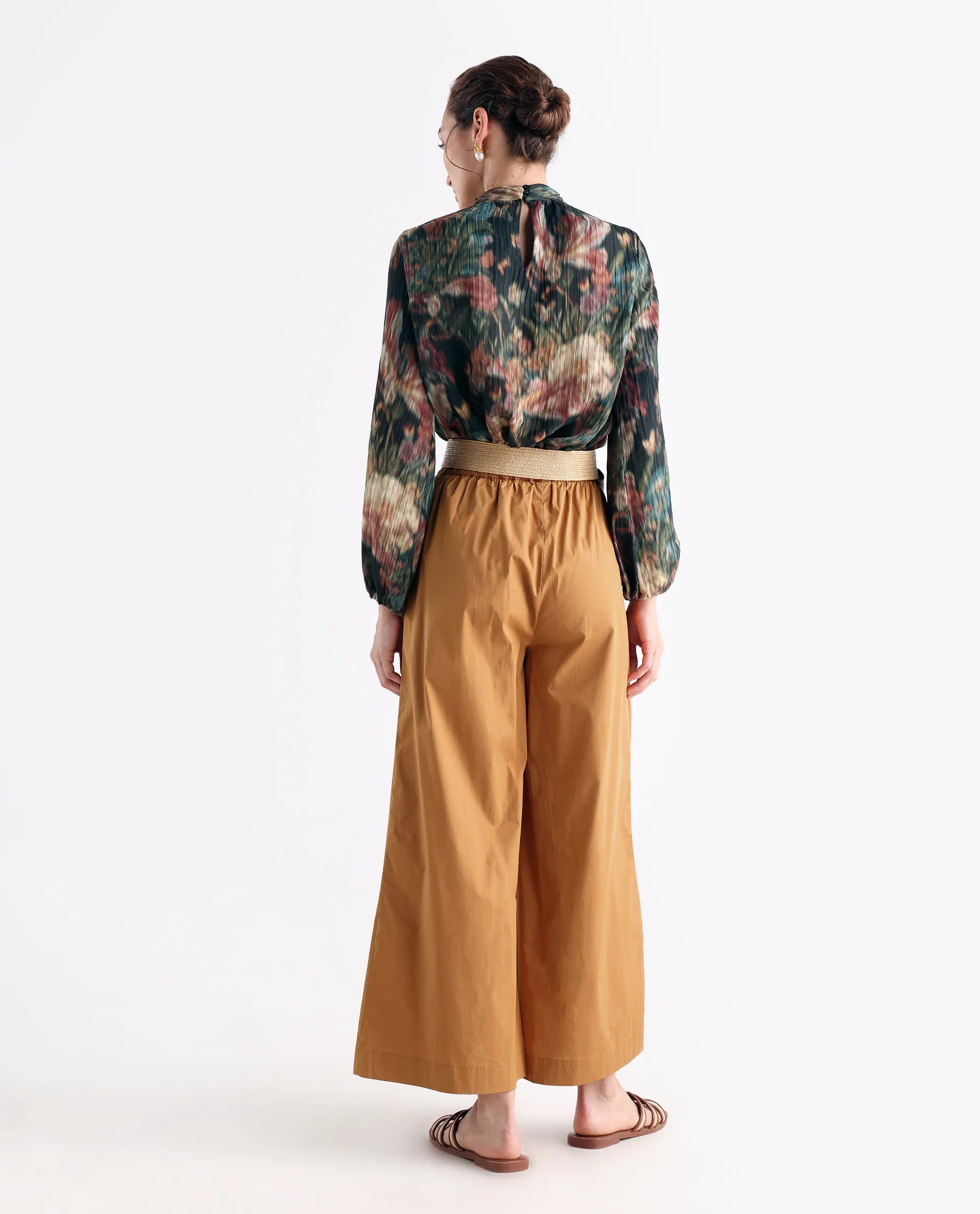 Rareism Women's Kofu Light Brown Cotton Plain Ankle Length Flared Trouser