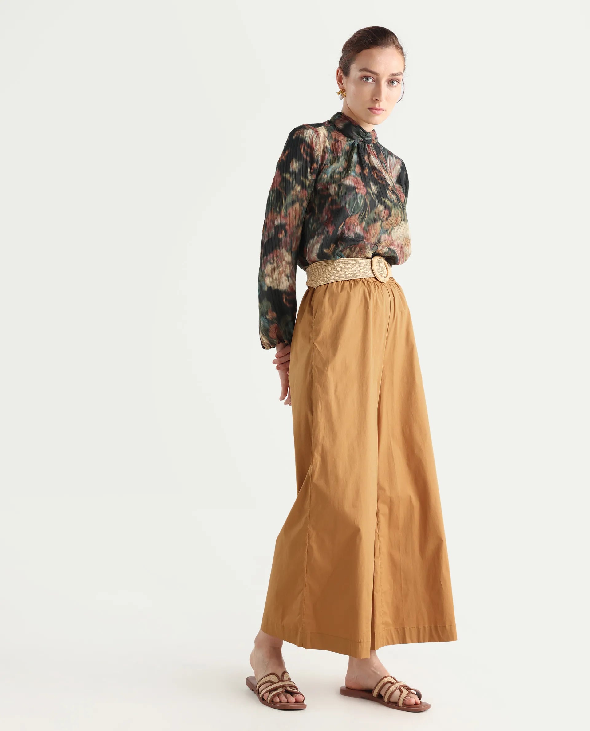 Rareism Women's Kofu Light Brown Cotton Plain Ankle Length Flared Trouser