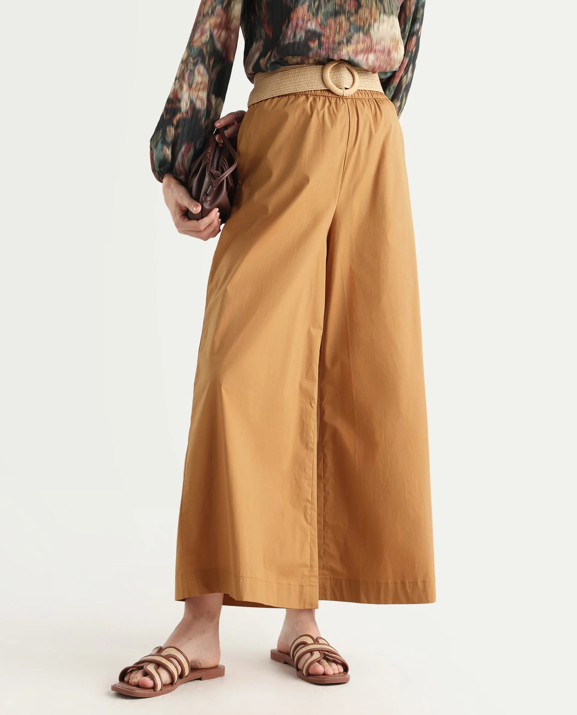 Rareism Women's Kofu Light Brown Cotton Plain Ankle Length Flared Trouser