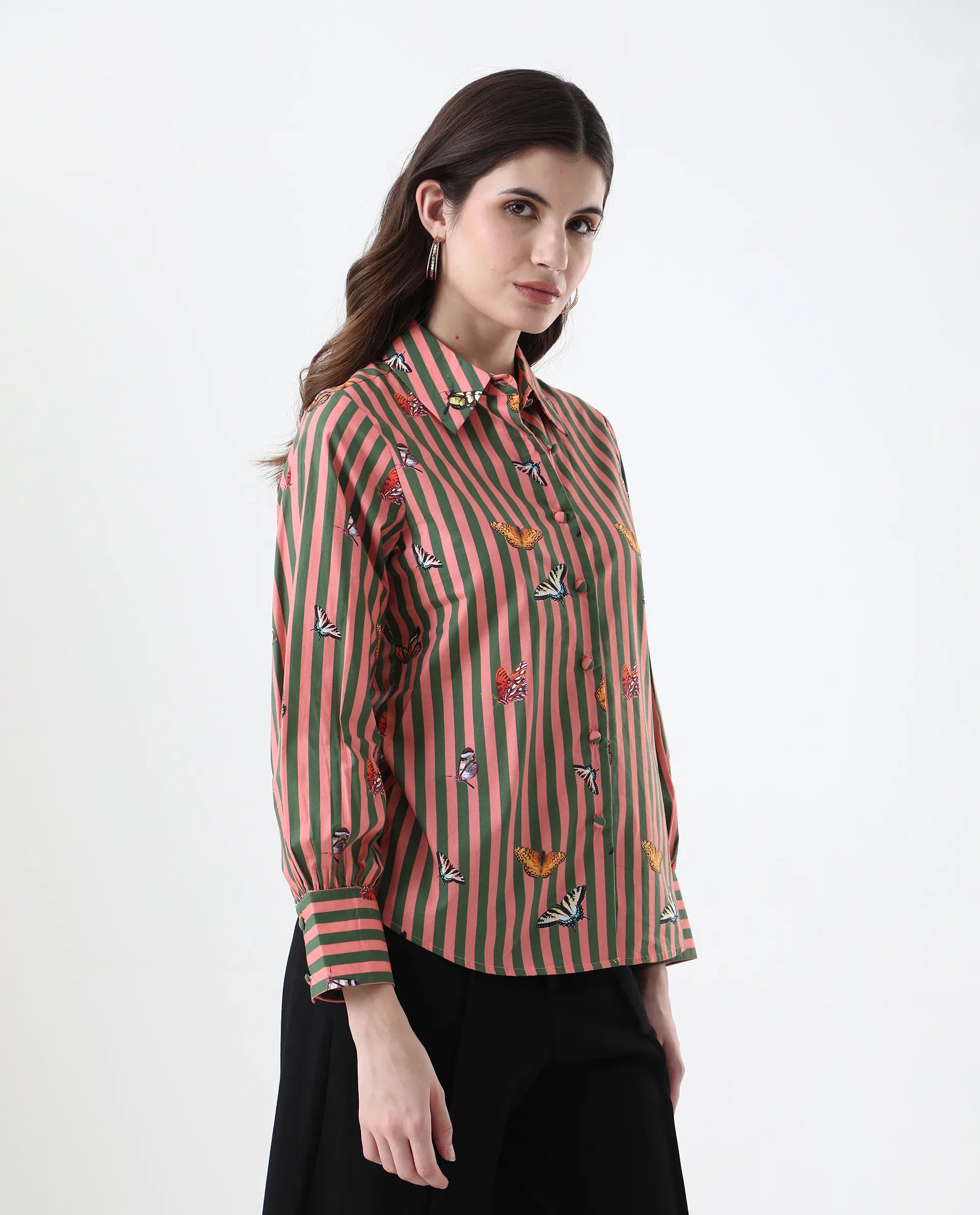 Rareism Women's Kolvo Multi Cotton Spread Collar Striped Bishop Sleeve Regular Fit Top