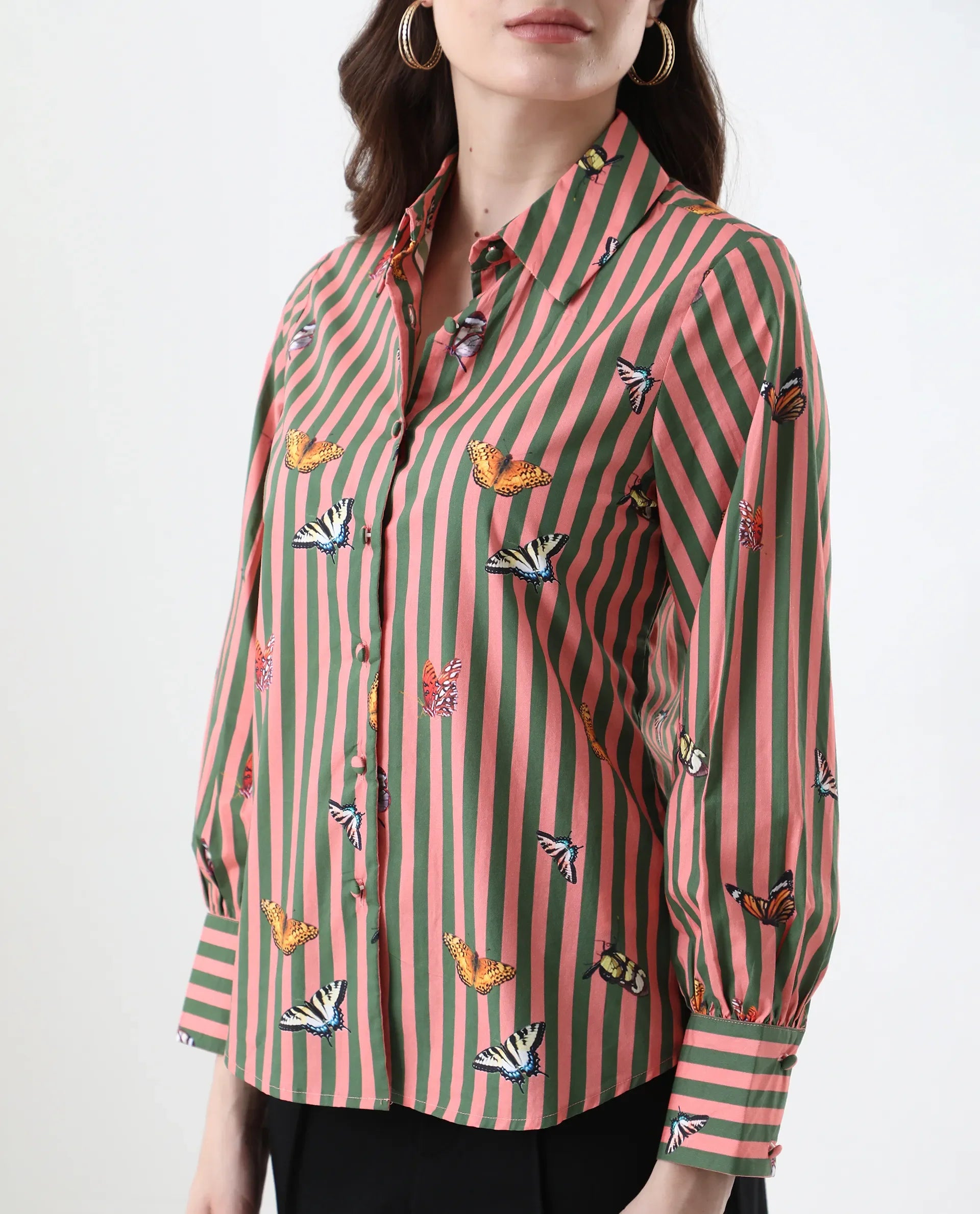 Rareism Women's Kolvo Multi Cotton Spread Collar Striped Bishop Sleeve Regular Fit Top