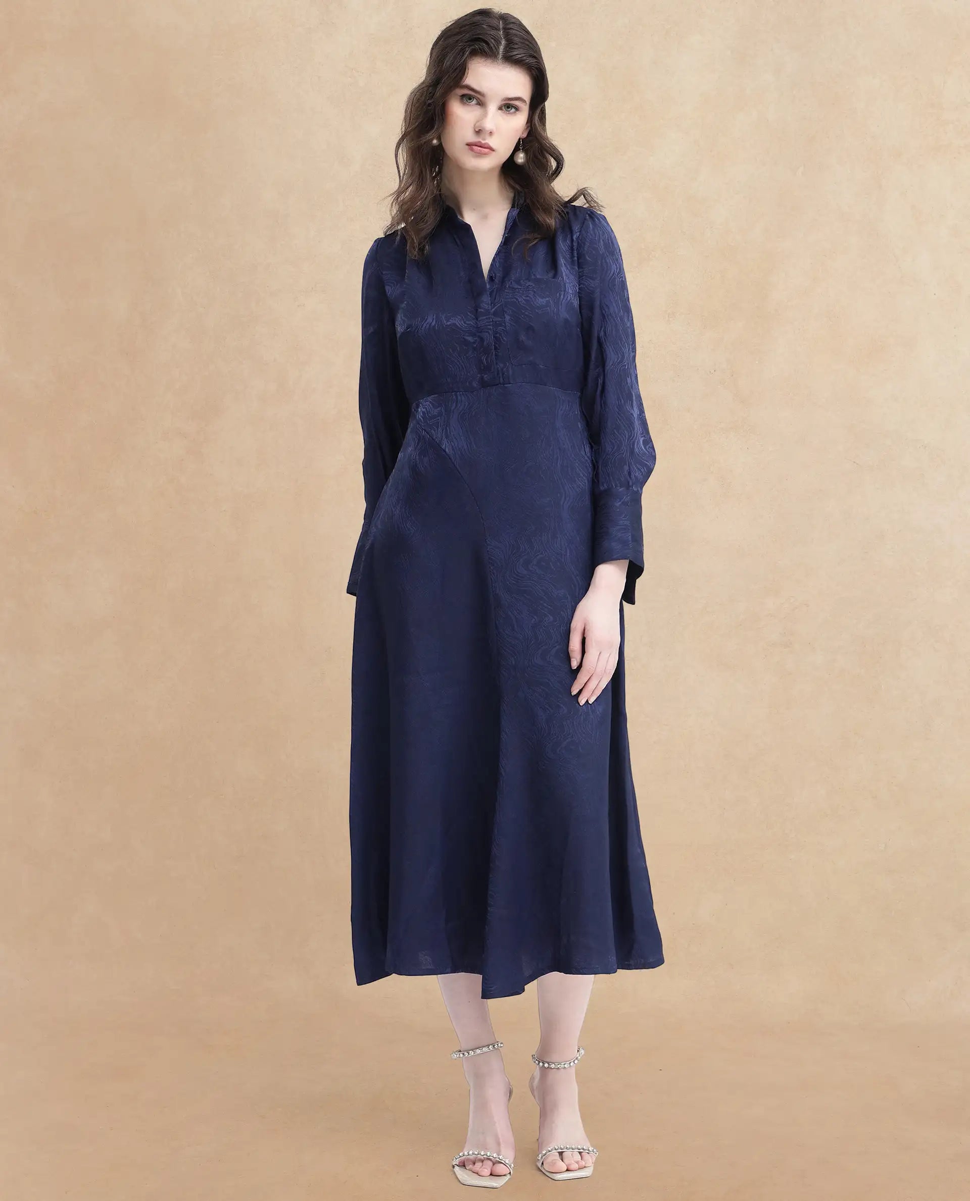 Rareism Women's Kono Navy Polyester Drop Collar Plain Cuffed Sleeve Midi Fit And Flare Dress
