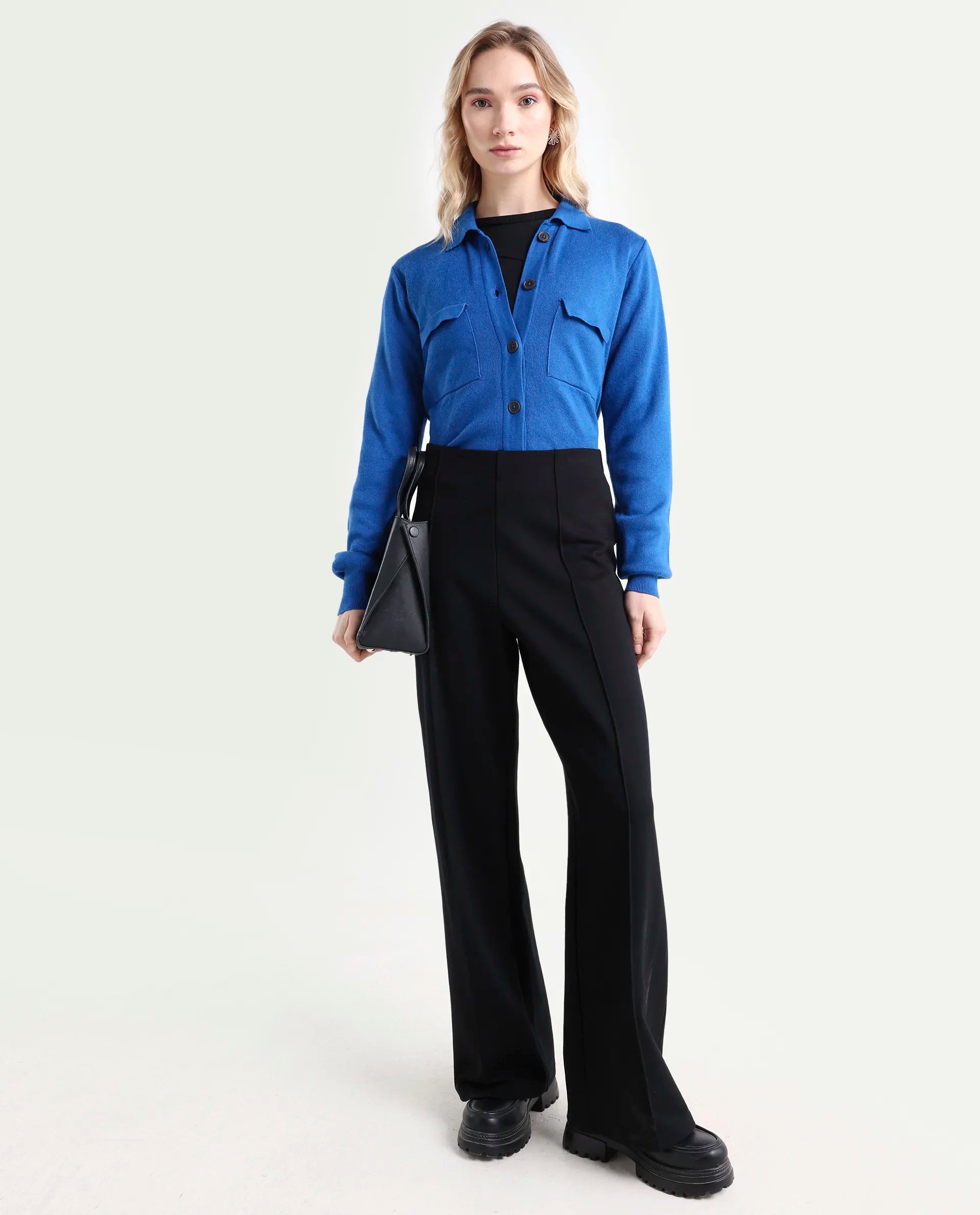 Rareism Women's Korn Blue Viscose Spread Collar Plain Regular Fit Sweater