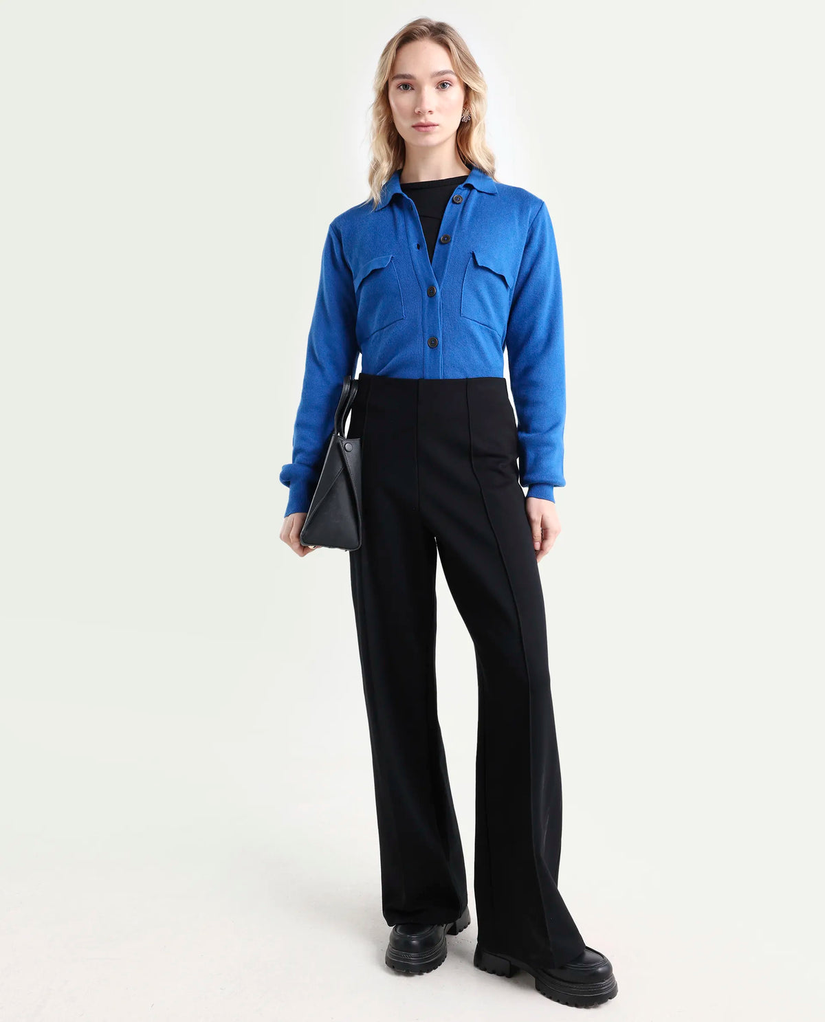 Rareism Women's Korn Blue Viscose Spread Collar Plain Regular Fit Sweater