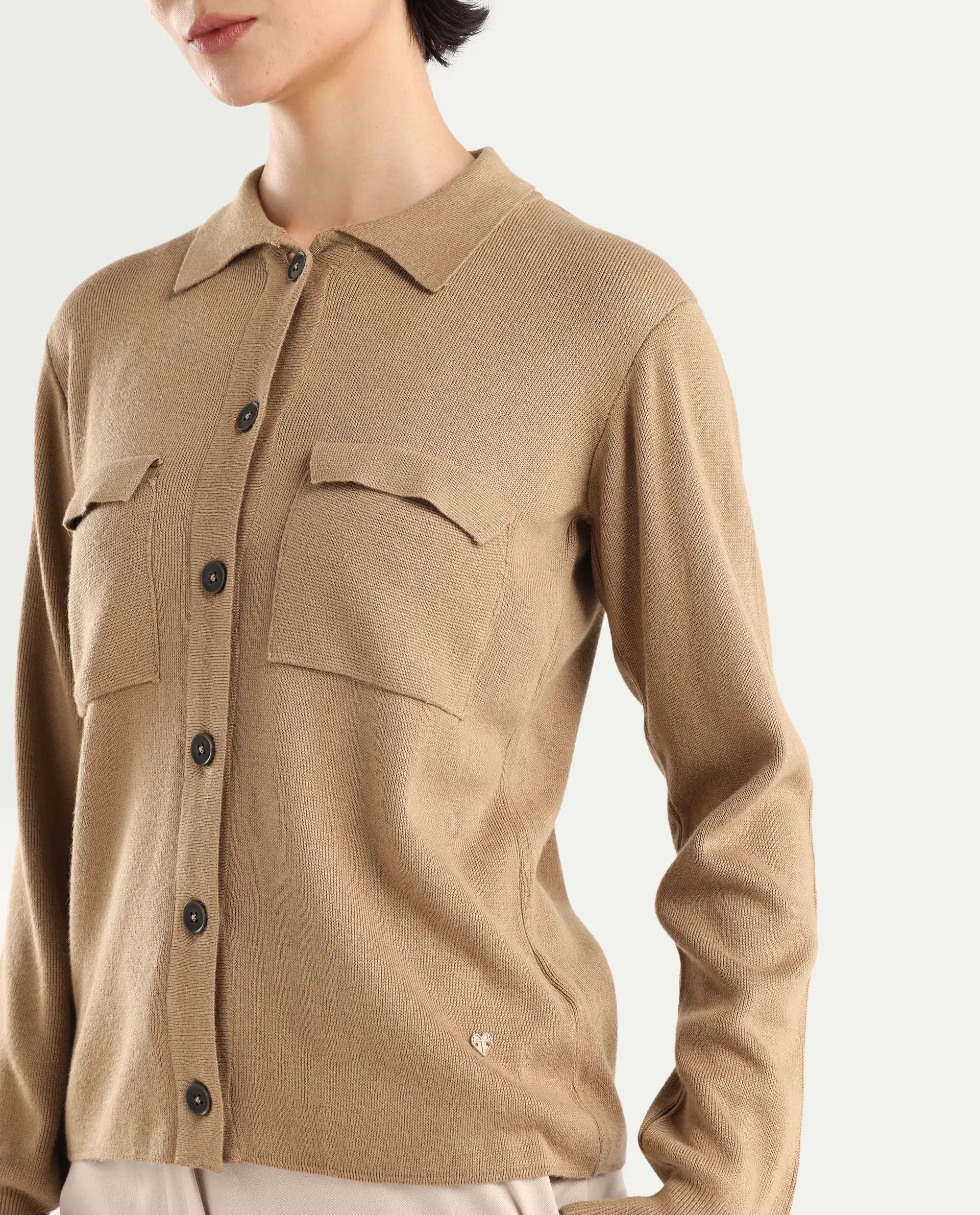 Rareism Women's Korn Dark Beige Viscose Spread Collar Plain Regular Fit Sweater