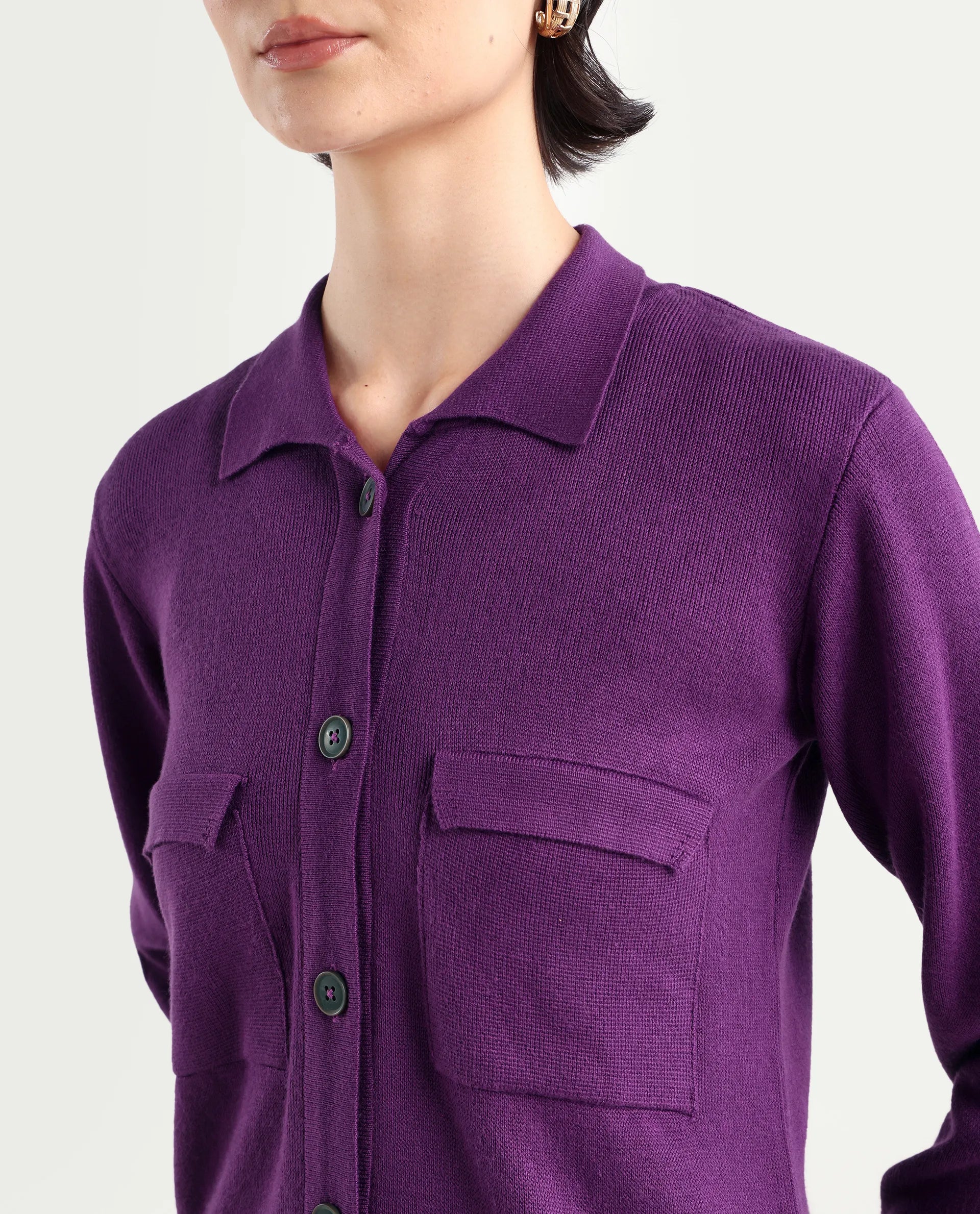 Rareism Women's Korn Purple Viscose Spread Collar Plain Regular Fit Sweater