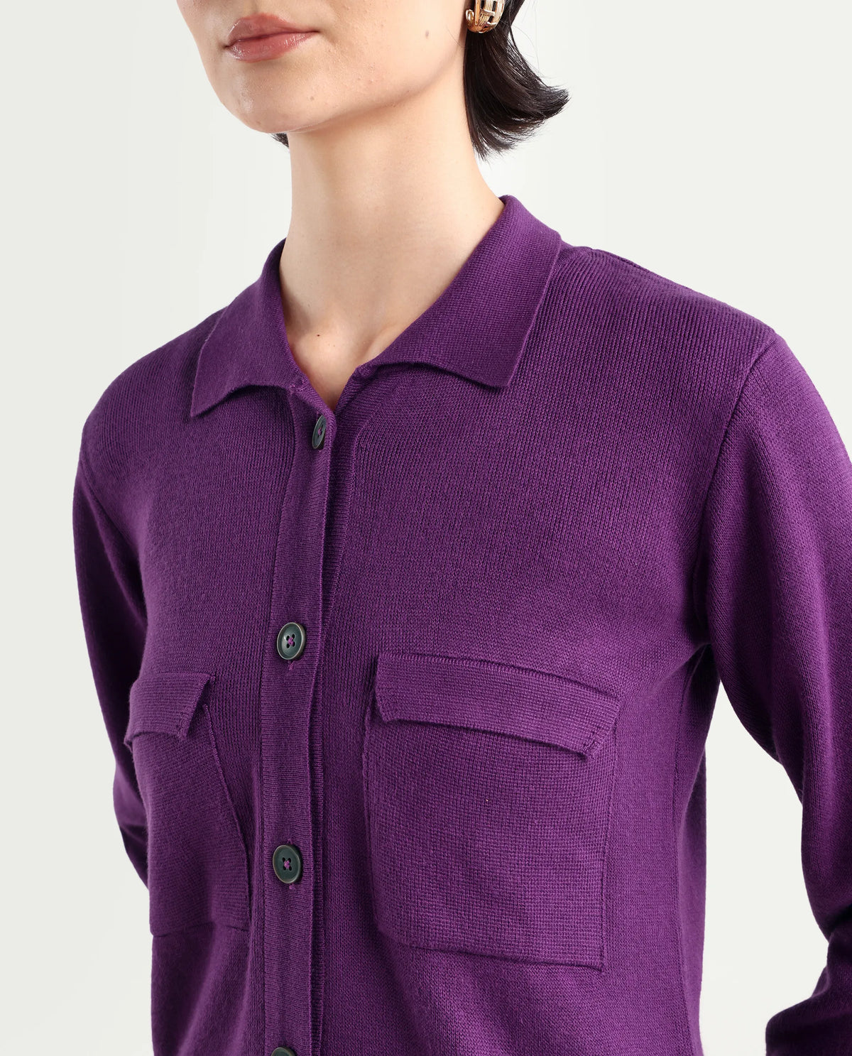 Rareism Women's Korn Purple Viscose Spread Collar Plain Regular Fit Sweater