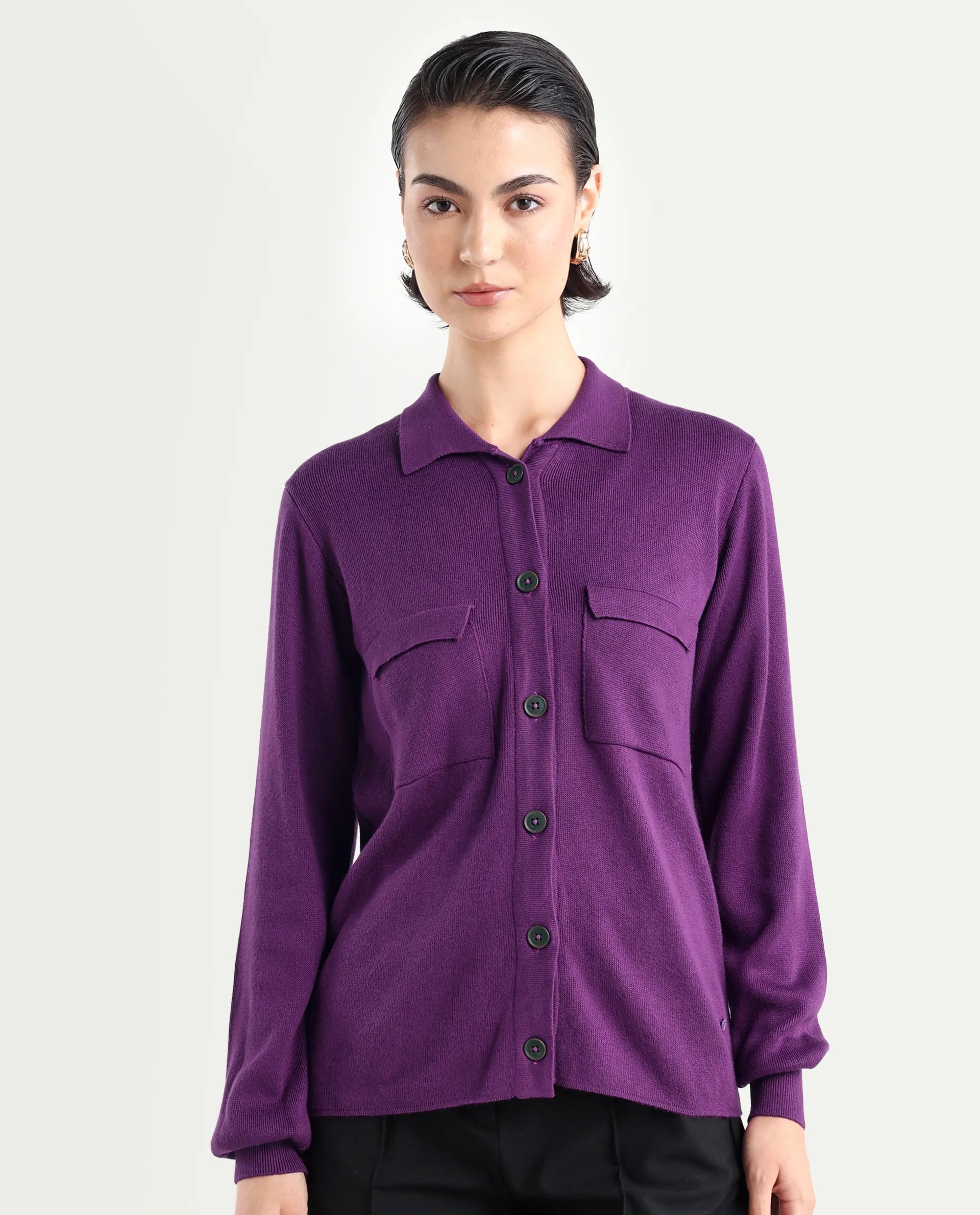 Rareism Women's Korn Purple Viscose Spread Collar Plain Regular Fit Sweater