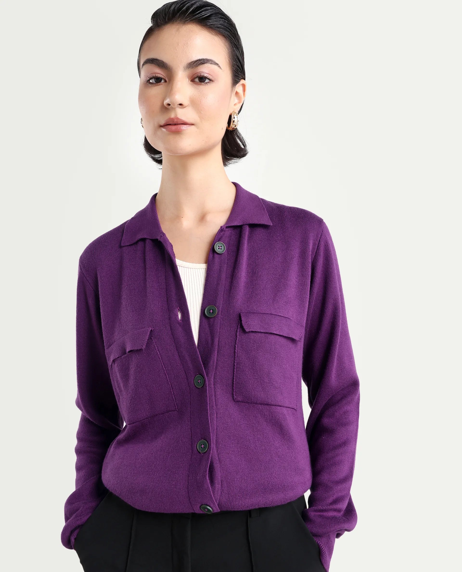 Rareism Women's Korn Purple Viscose Spread Collar Plain Regular Fit Sweater