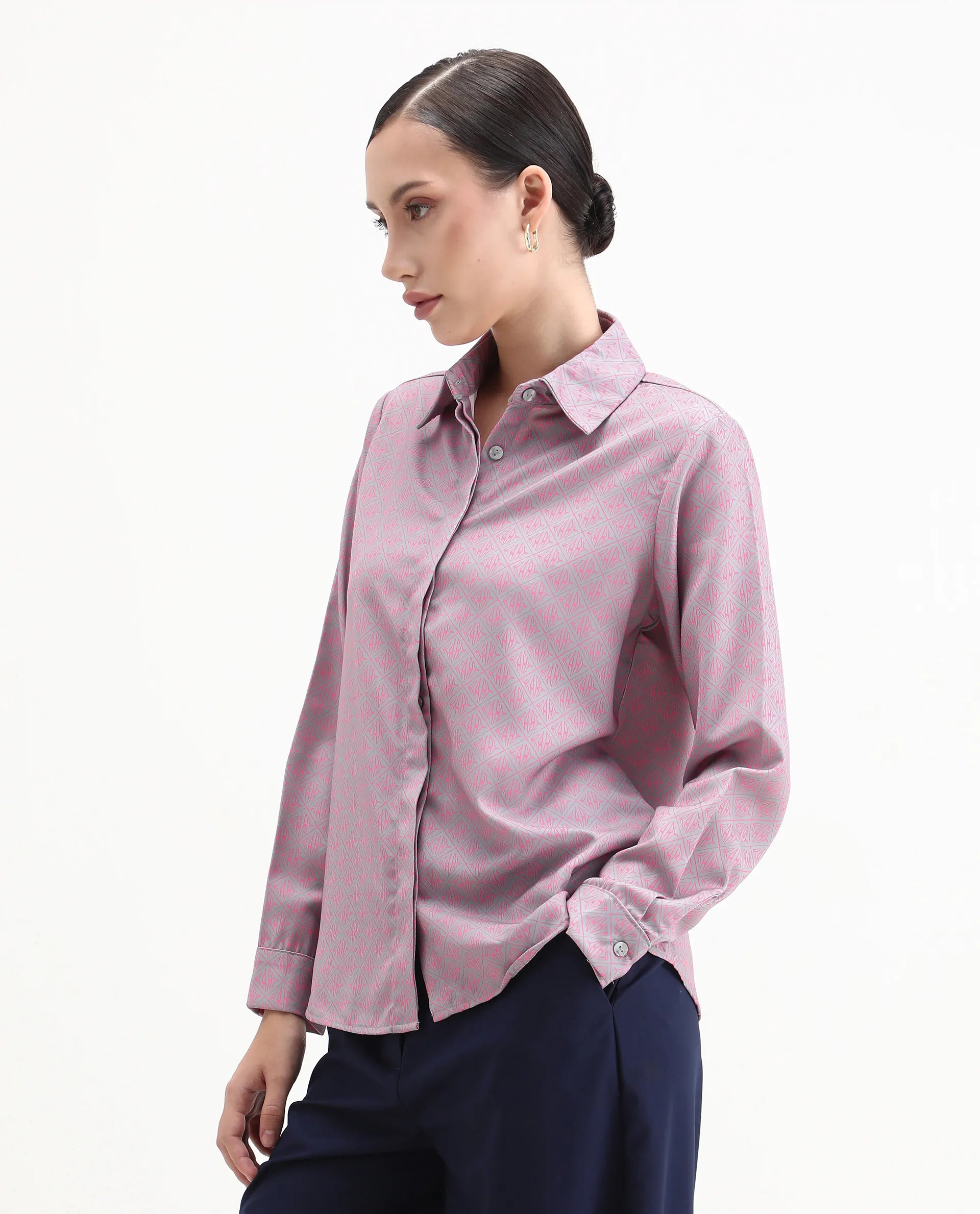 Rareism Women's Korre Pink Satin Spread Collar Monogram Print Cuffed Sleeve Boxy Fit Top