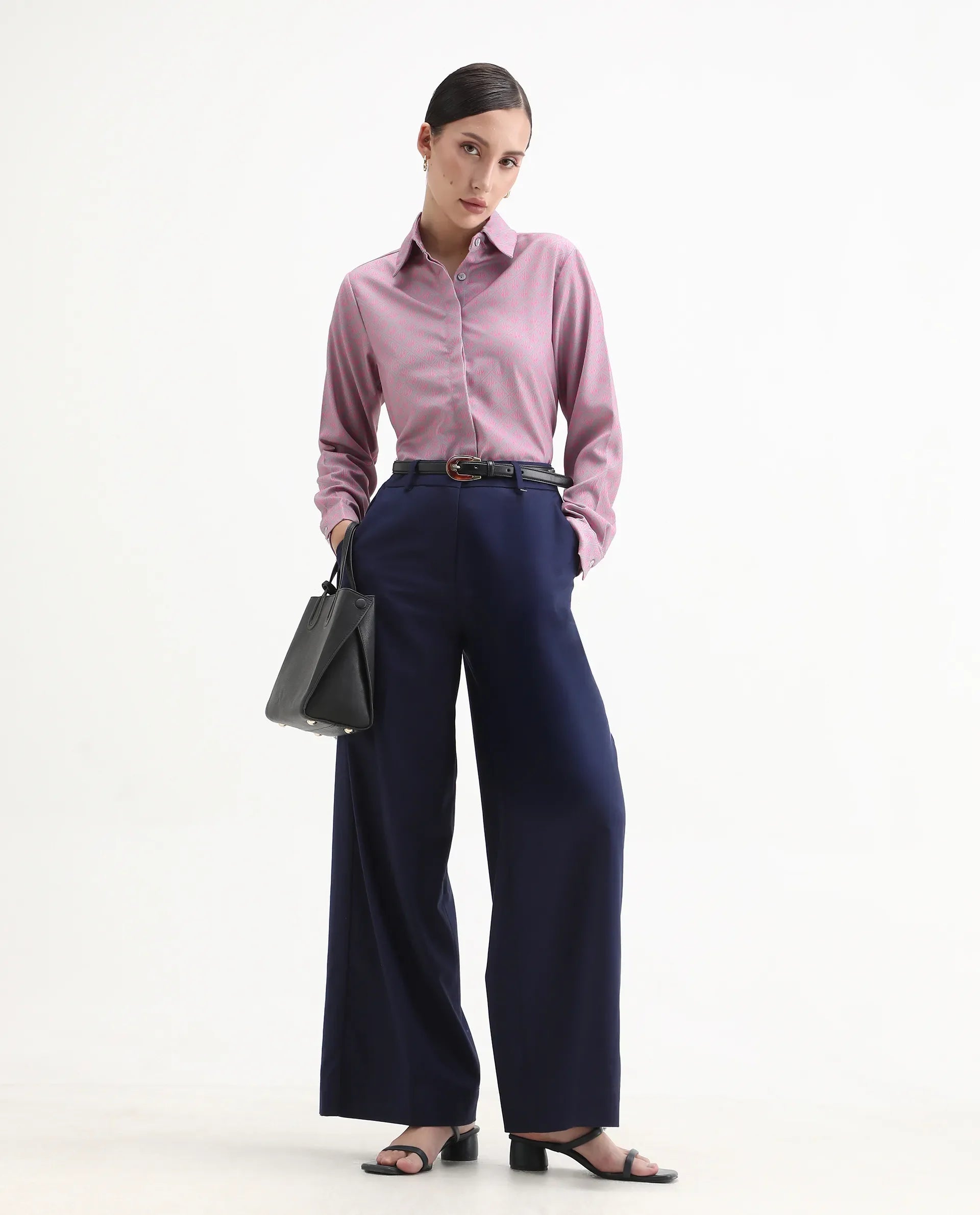 Rareism Women's Korre Pink Satin Spread Collar Monogram Print Cuffed Sleeve Boxy Fit Top