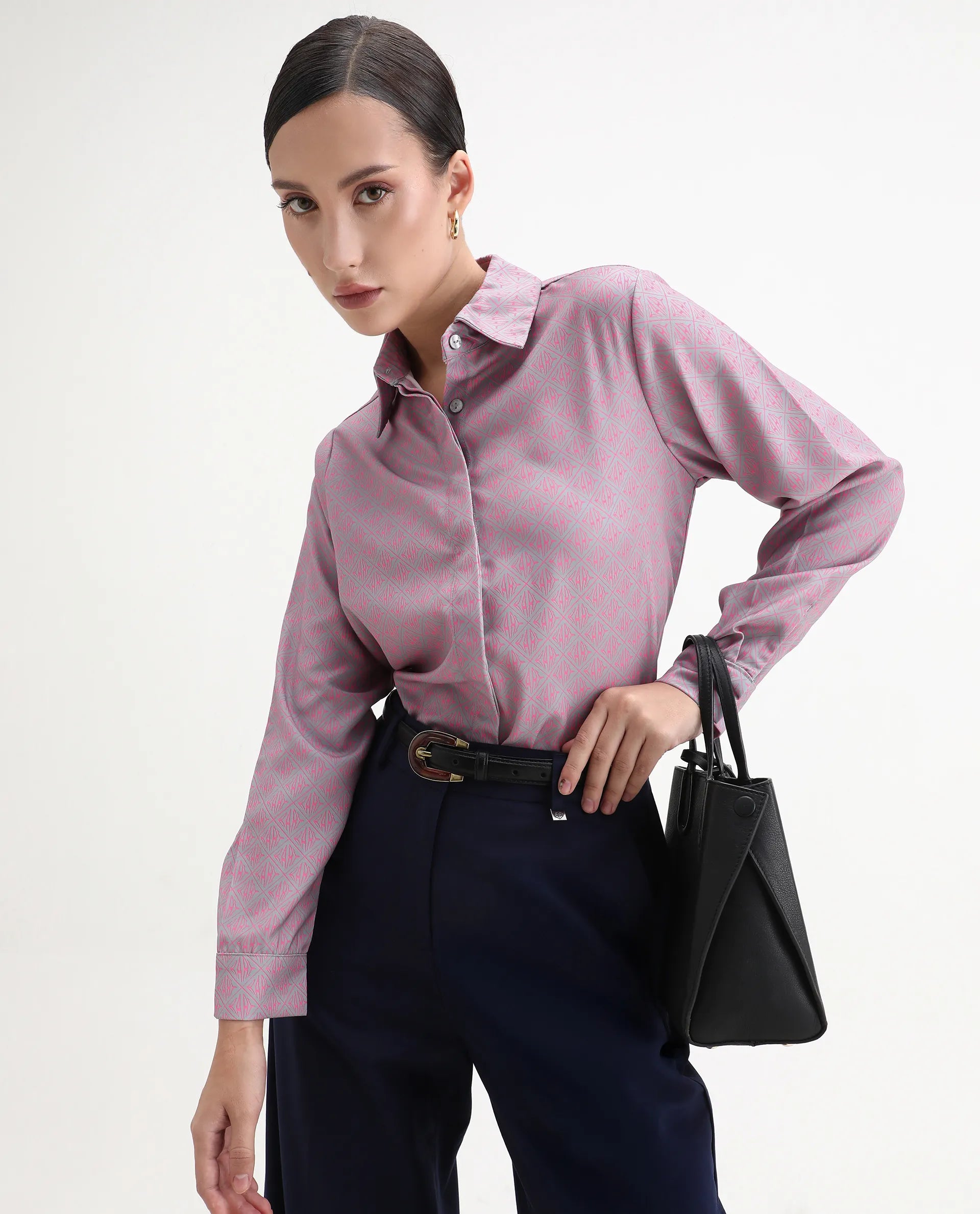 Rareism Women's Korre Pink Satin Spread Collar Monogram Print Cuffed Sleeve Boxy Fit Top