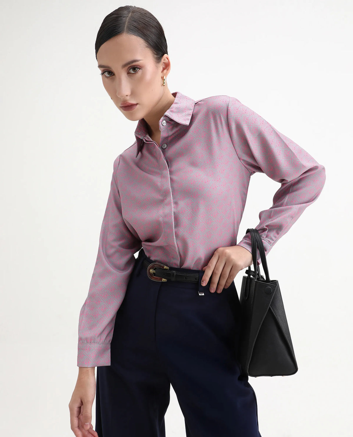 Rareism Women's Korre Pink Satin Spread Collar Monogram Print Cuffed Sleeve Boxy Fit Top