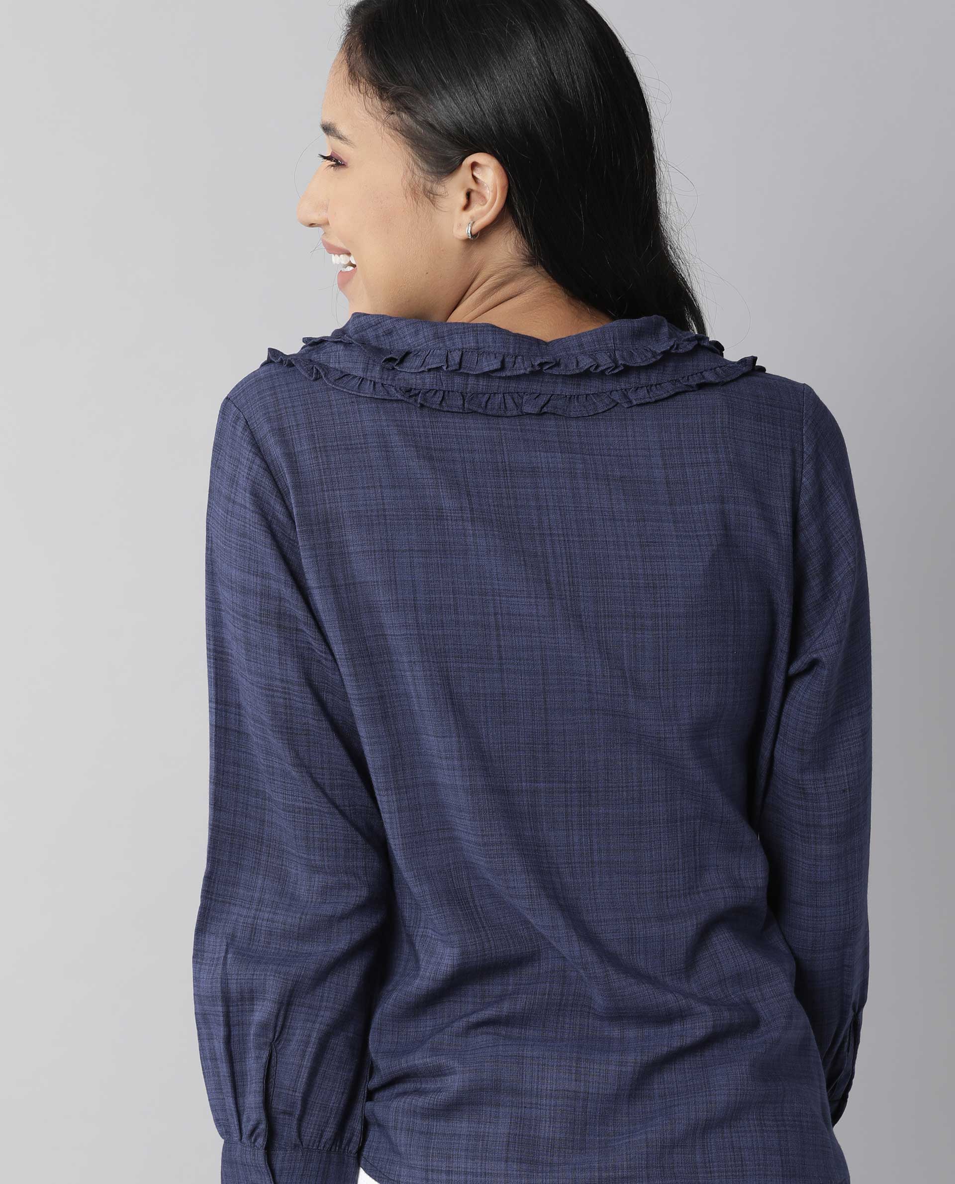 Rareism Women Kory Blue Top Full Sleeves Solid