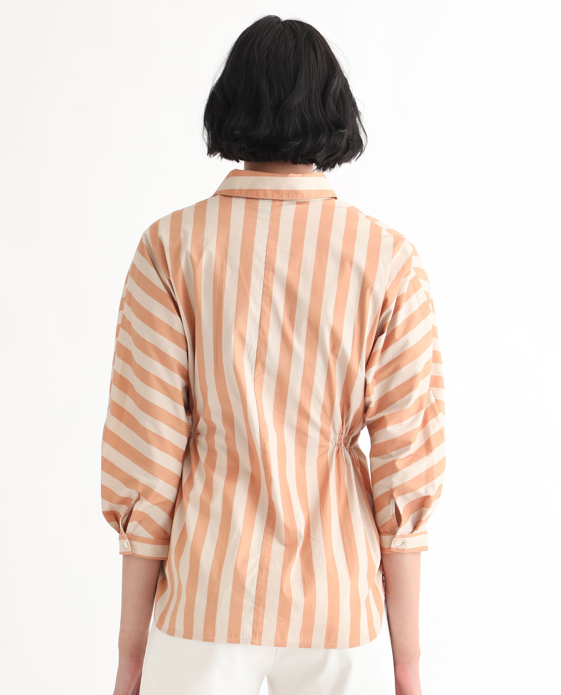 Rareism Women Kowski Dark Beige Cotton Lycra Fabric Regular Fit Shirt Collar Full Sleeves Striped Top