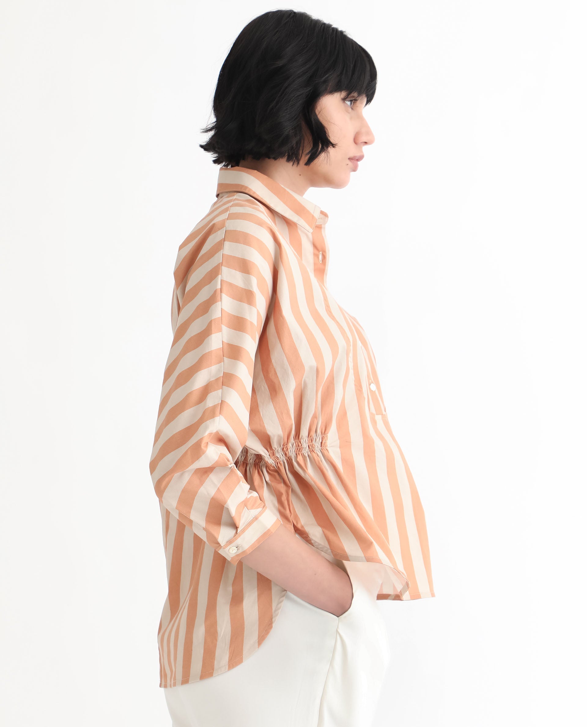 Rareism Women Kowski Dark Beige Cotton Lycra Fabric Regular Fit Shirt Collar Full Sleeves Striped Top