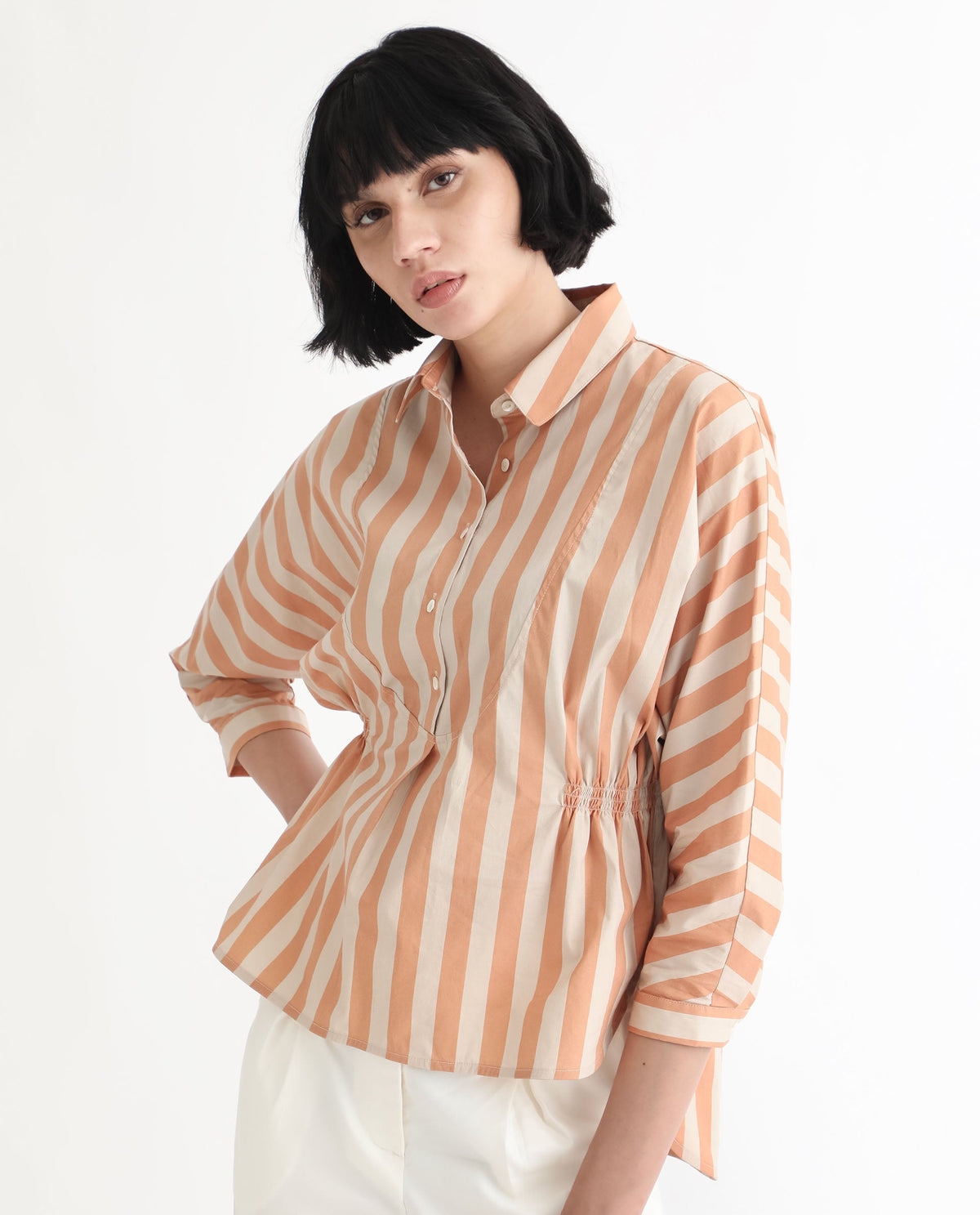 Rareism Women Kowski Dark Beige Cotton Lycra Fabric Regular Fit Shirt Collar Full Sleeves Striped Top