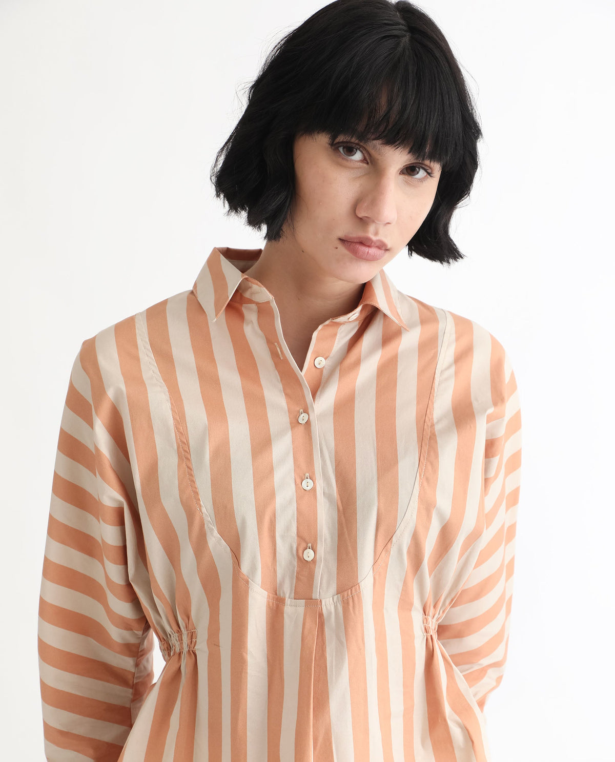 Rareism Women Kowski Dark Beige Cotton Lycra Fabric Regular Fit Shirt Collar Full Sleeves Striped Top