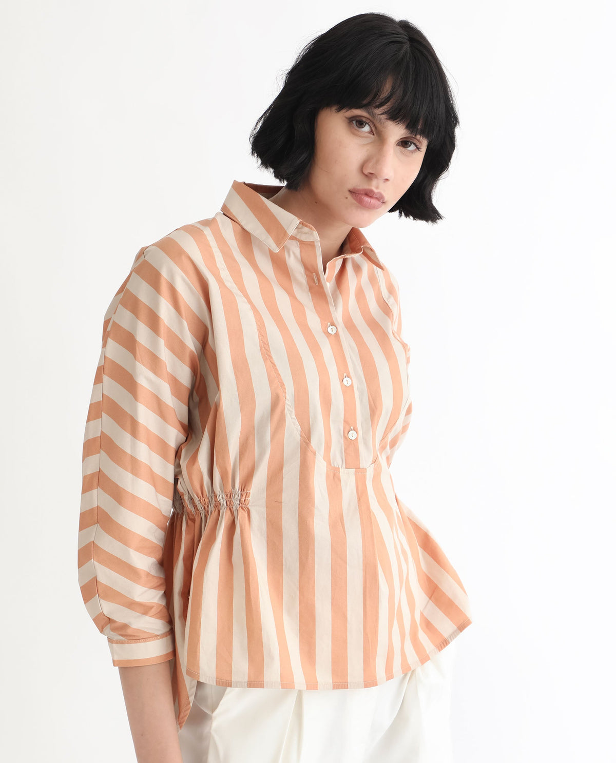 Rareism Women Kowski Dark Beige Cotton Lycra Fabric Regular Fit Shirt Collar Full Sleeves Striped Top