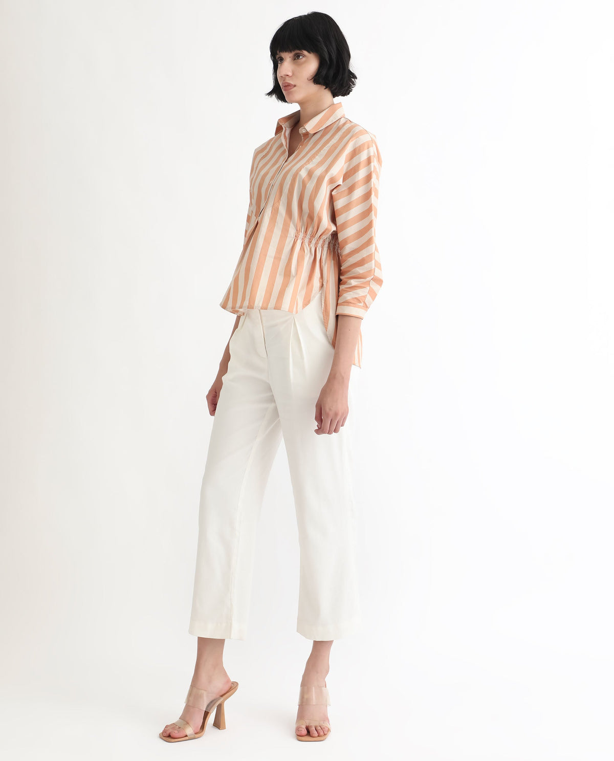 Rareism Women Kowski Dark Beige Cotton Lycra Fabric Regular Fit Shirt Collar Full Sleeves Striped Top