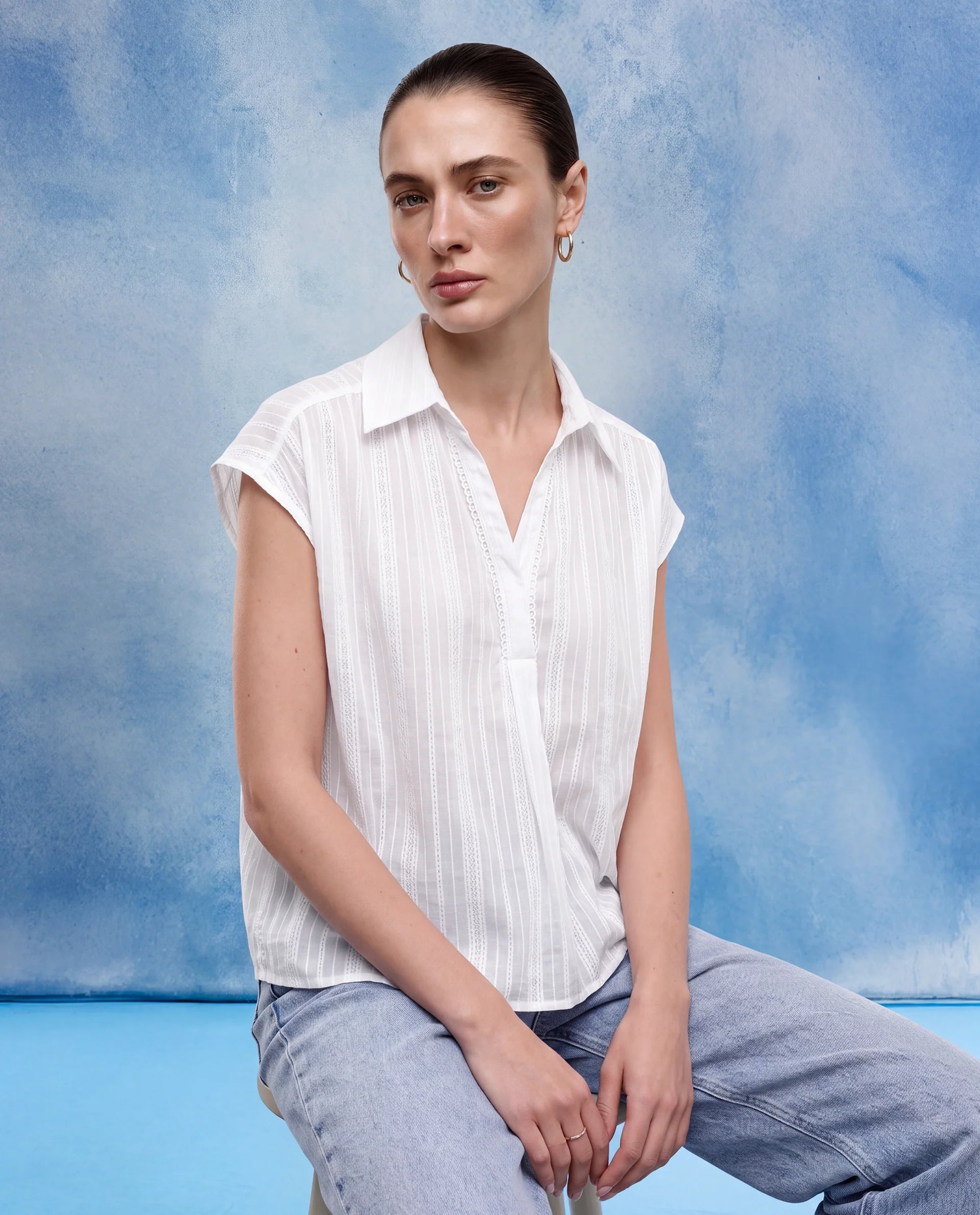 Rareism Women's Koya Off White Cotton Mandarin Collar Regular Plain Top