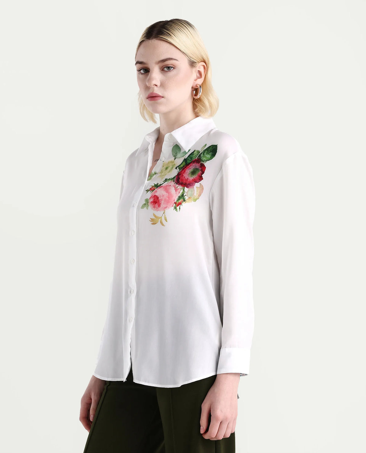 Rareism Women's Kraftt White Polyester Blend Drop Collar Floral Print Cuffed Sleeve Regular Fit Top