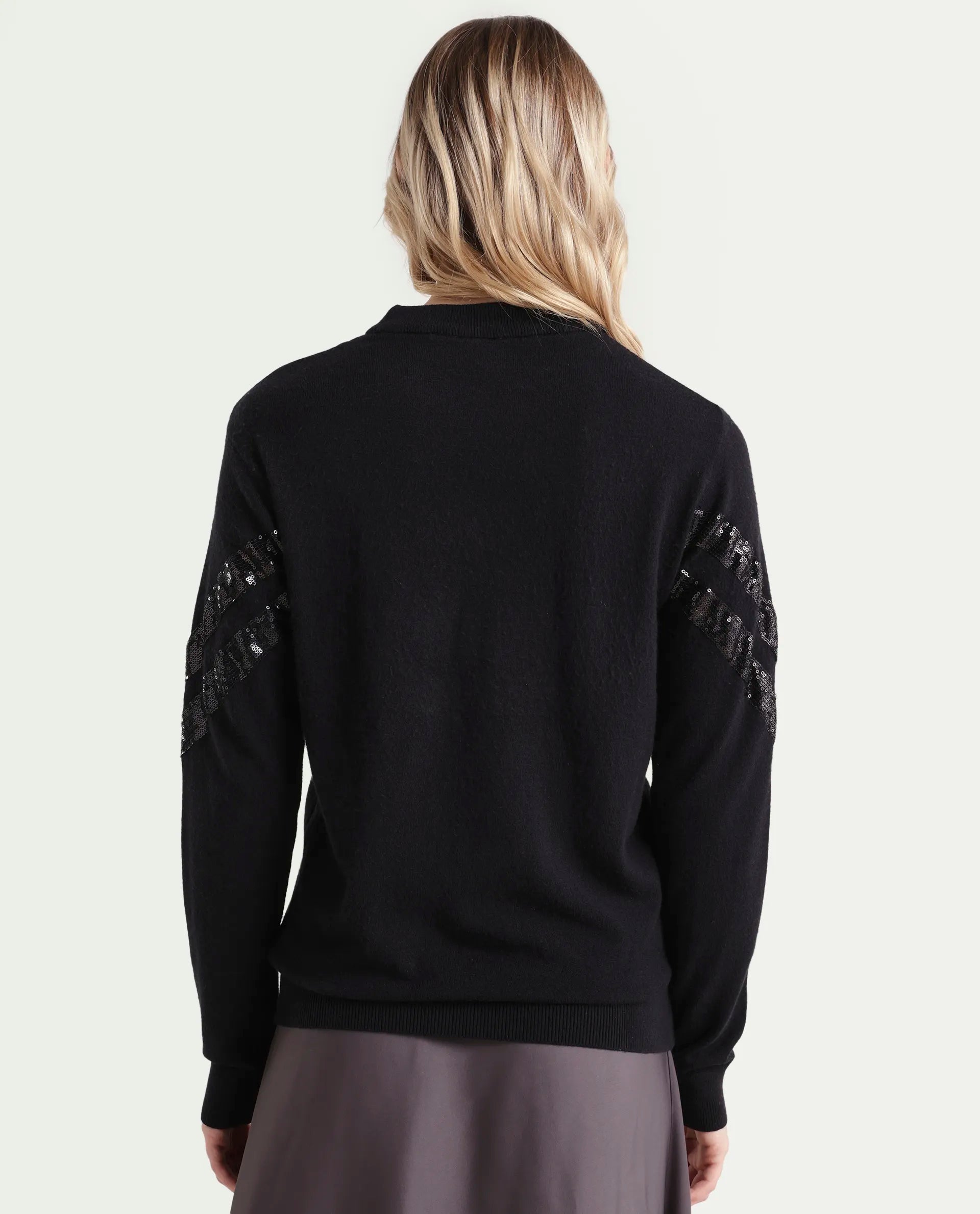 Rareism Women's Kran Black Viscose Crew Neck Embellished Regular Fit Sweater