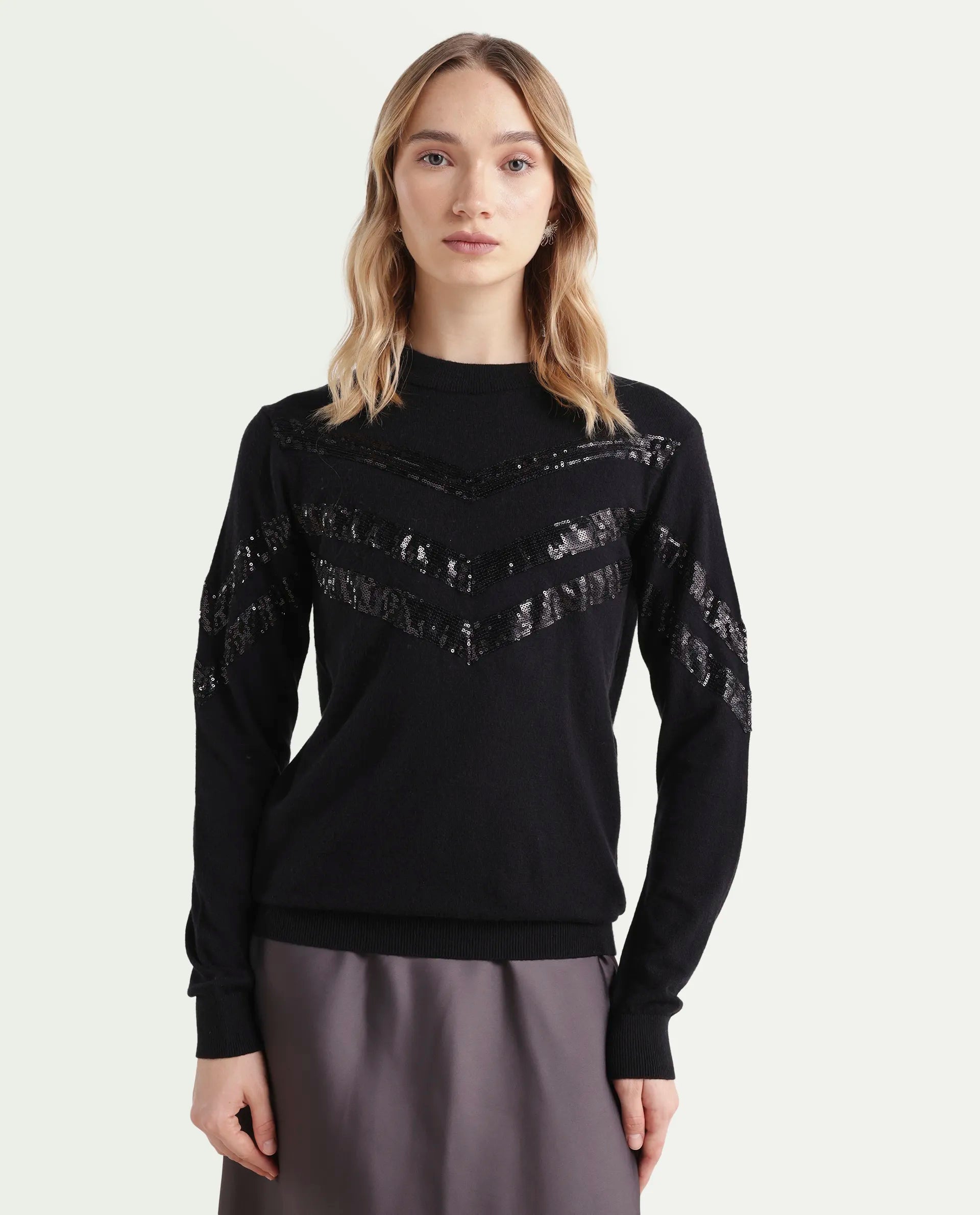 Rareism Women's Kran Black Viscose Crew Neck Embellished Regular Fit Sweater