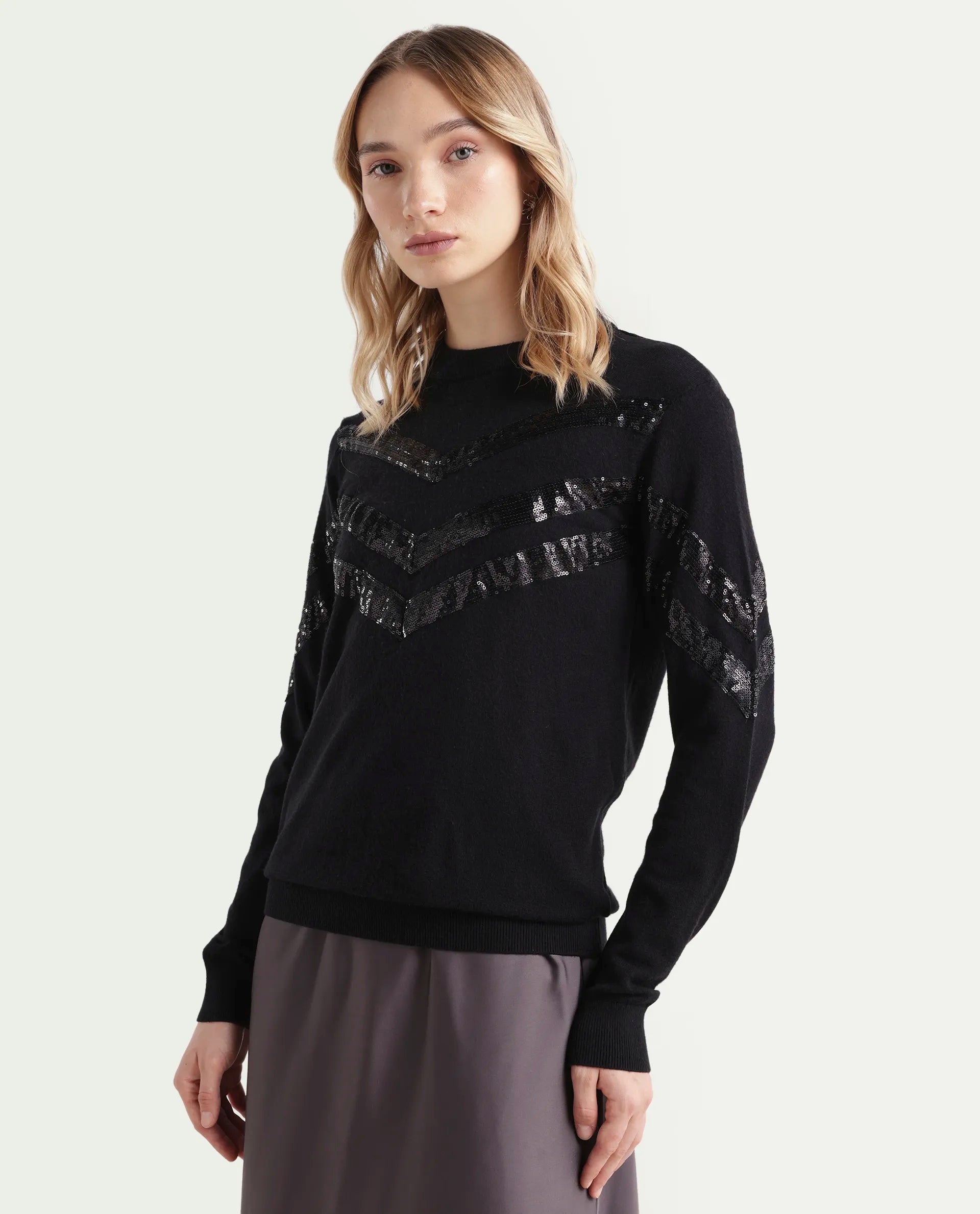 Rareism Women's Kran Black Viscose Crew Neck Embellished Regular Fit Sweater