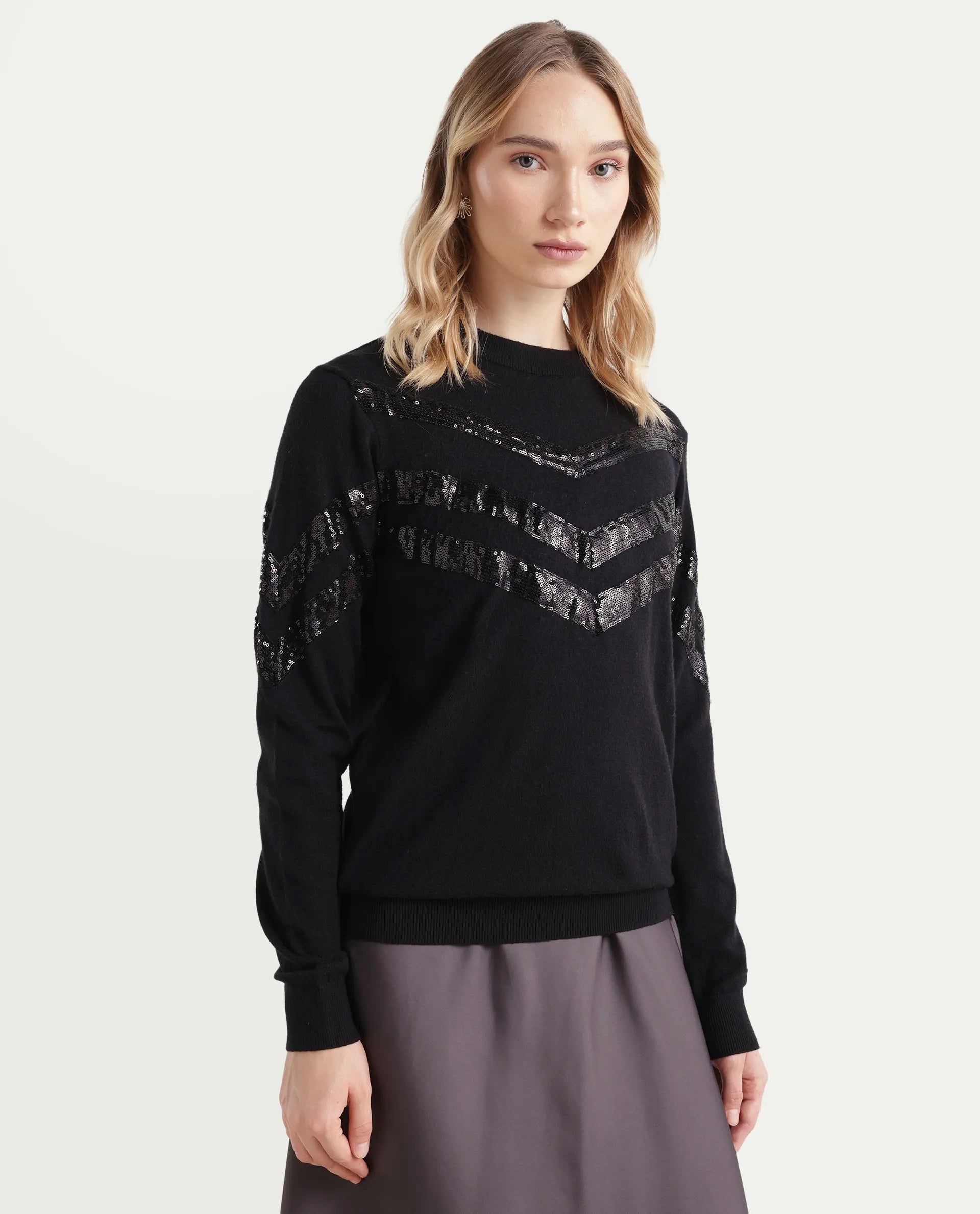 Rareism Women's Kran Black Viscose Crew Neck Embellished Regular Fit Sweater