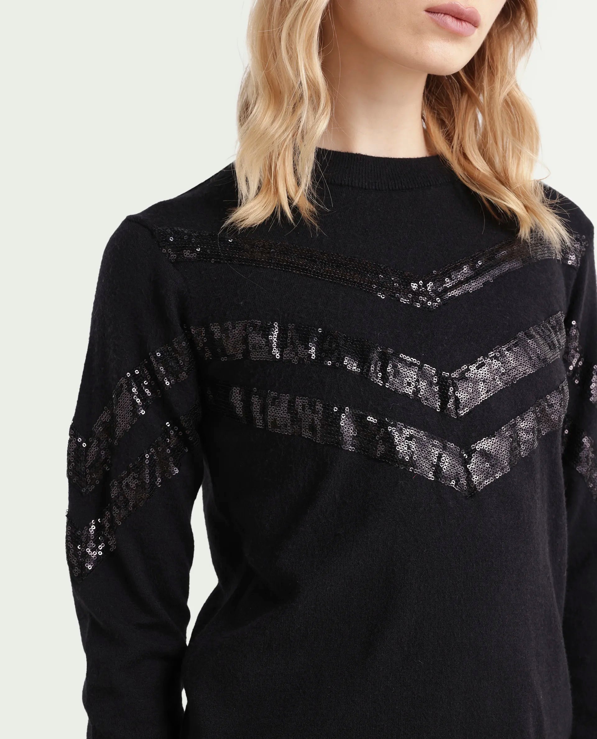 Rareism Women's Kran Black Viscose Crew Neck Embellished Regular Fit Sweater