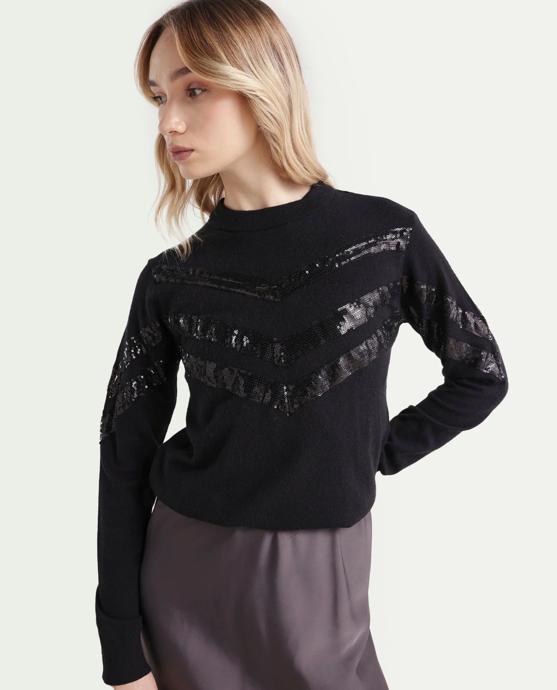 Rareism Women's Kran Black Viscose Crew Neck Embellished Regular Fit Sweater