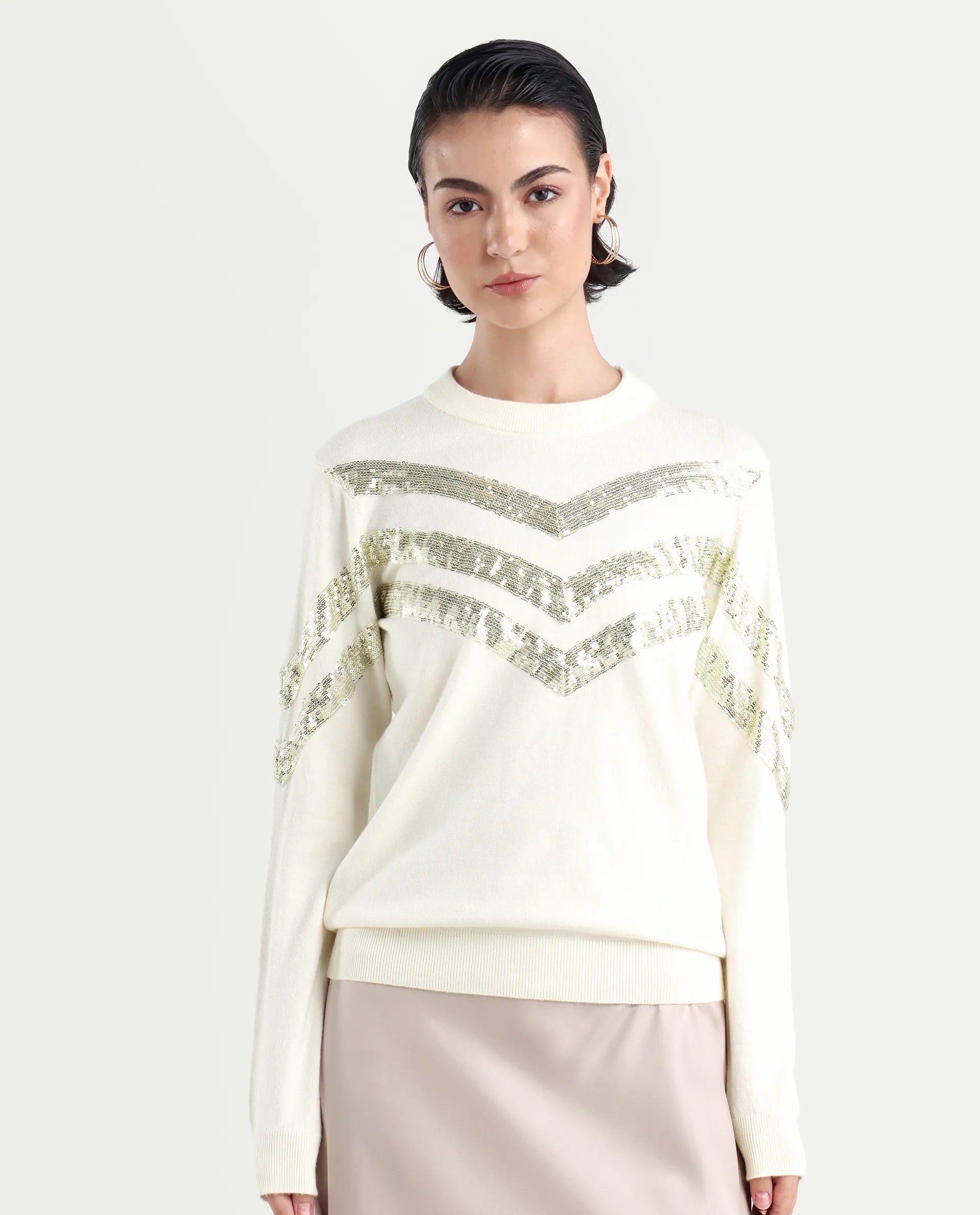 Rareism Women's Kran Off White Viscose Crew Neck Embellished Regular Fit Sweater