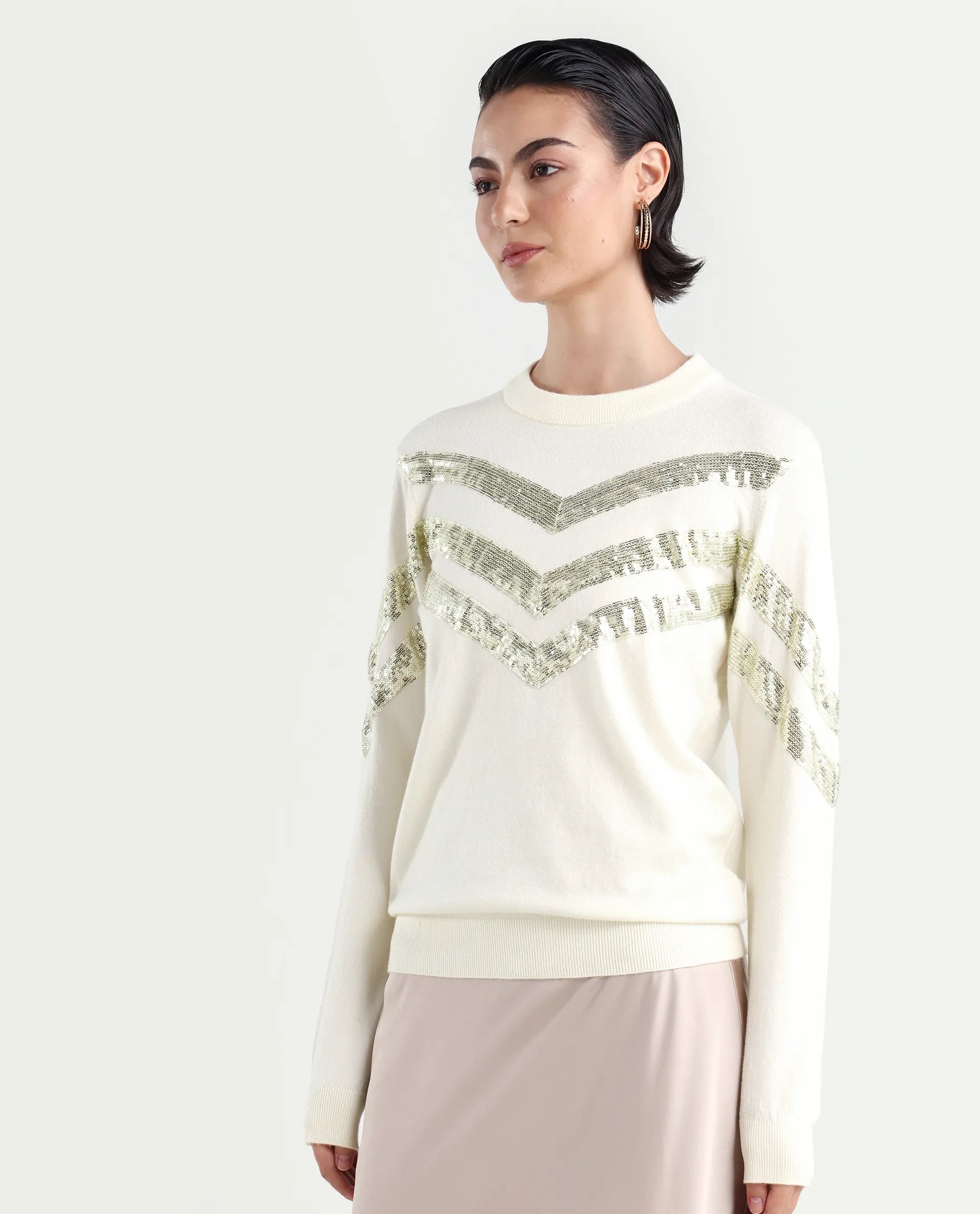 Rareism Women's Kran Off White Viscose Crew Neck Embellished Regular Fit Sweater
