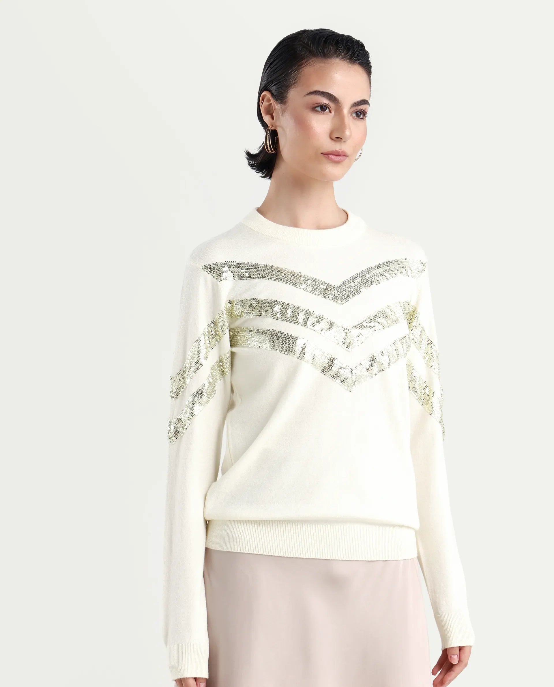 Rareism Women's Kran Off White Viscose Crew Neck Embellished Regular Fit Sweater