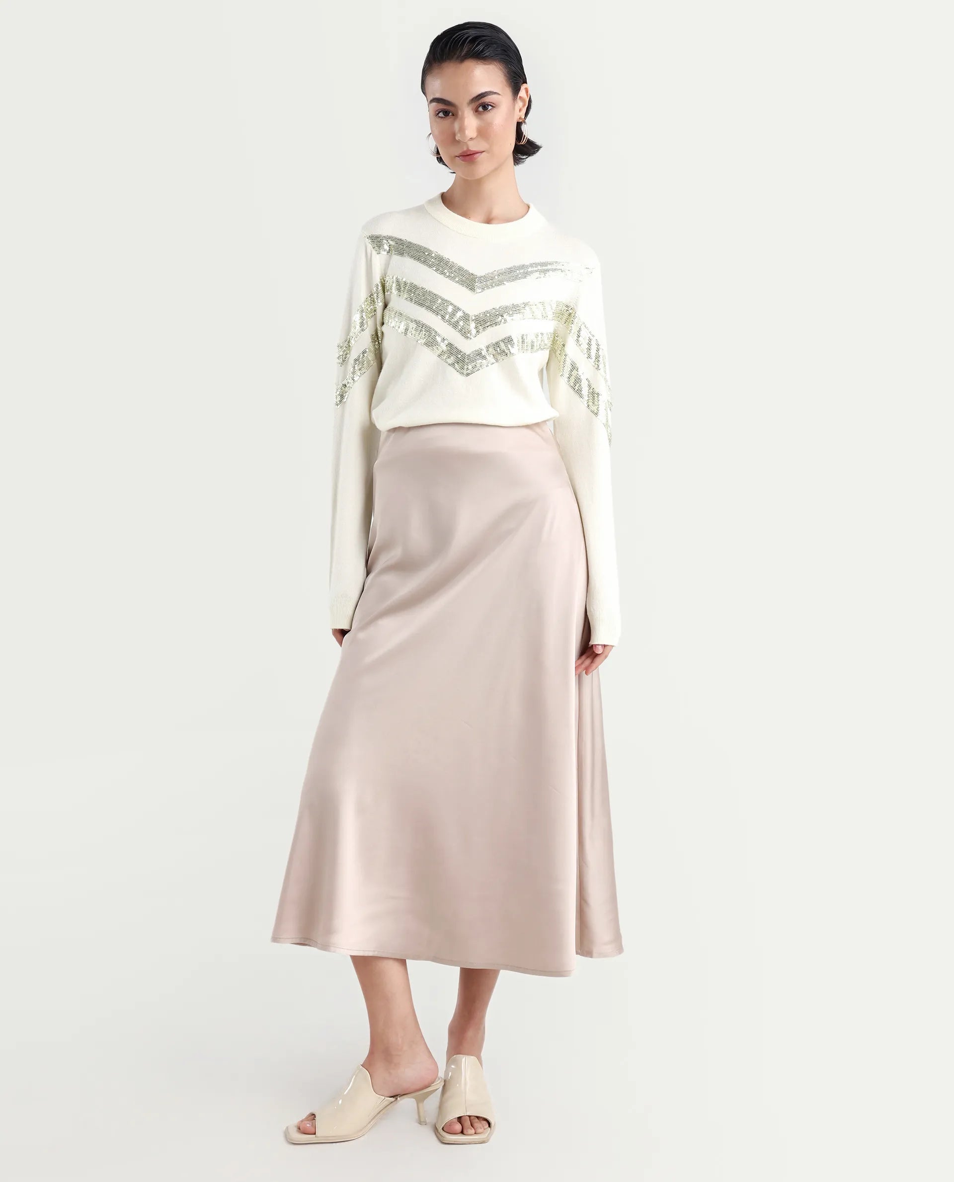 Rareism Women's Kran Off White Viscose Crew Neck Embellished Regular Fit Sweater