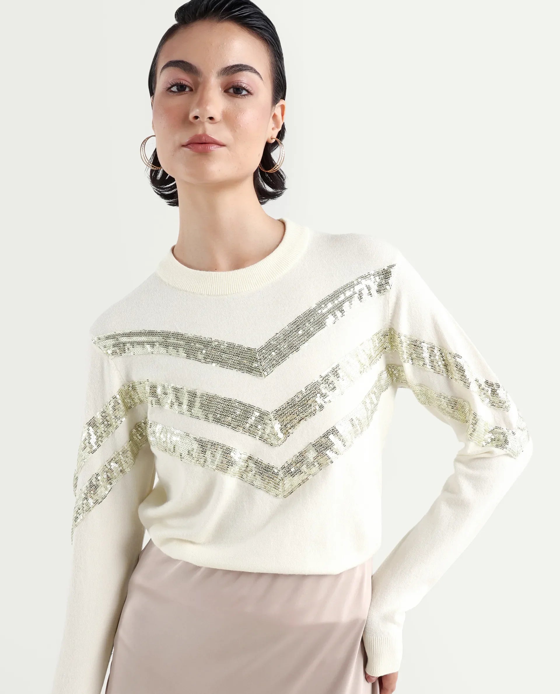 Rareism Women's Kran Off White Viscose Crew Neck Embellished Regular Fit Sweater
