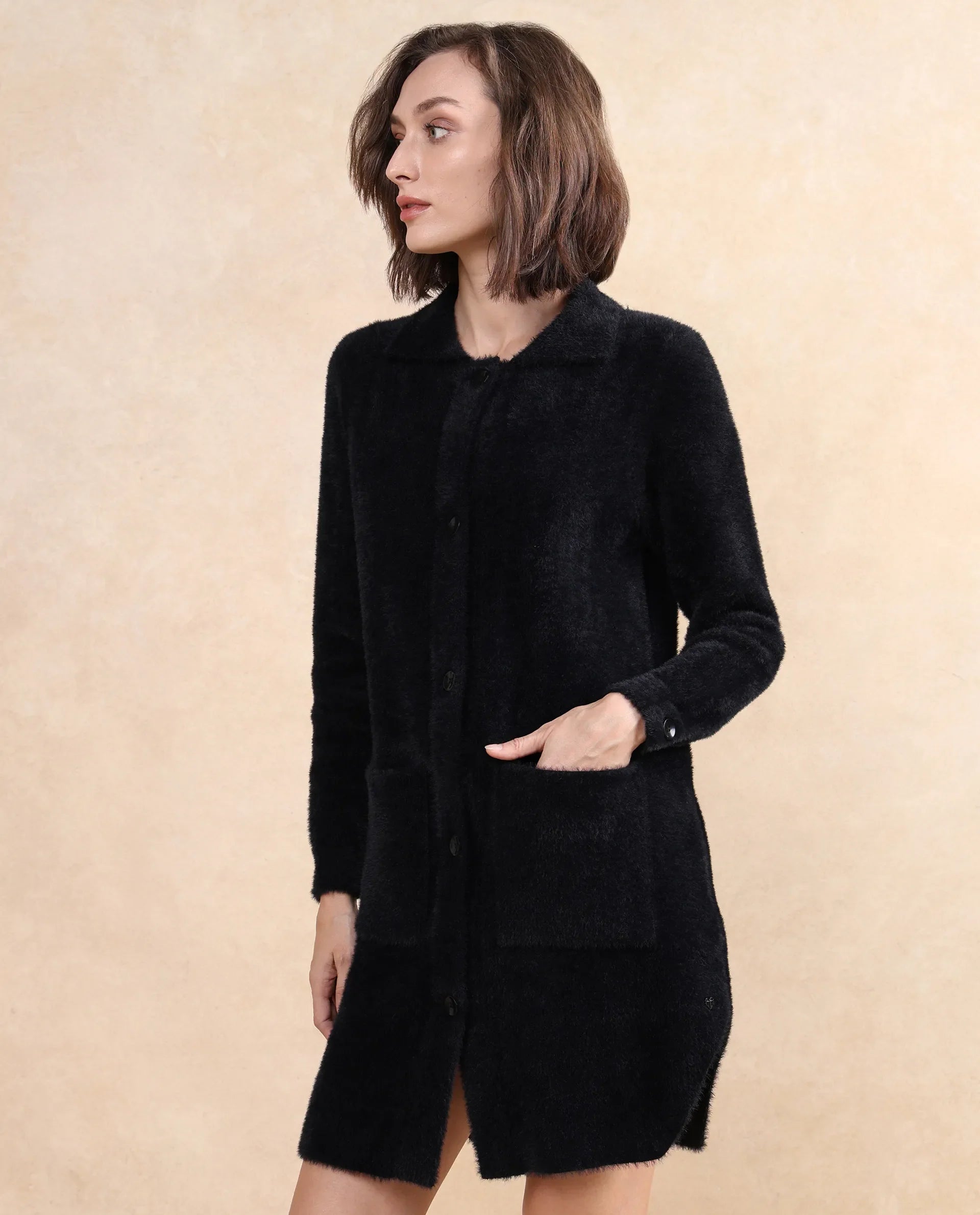 Rareism Women's Polyester Drop Collar Plain Cuffed Sleeve Knee Length Regular Fit Jacket
