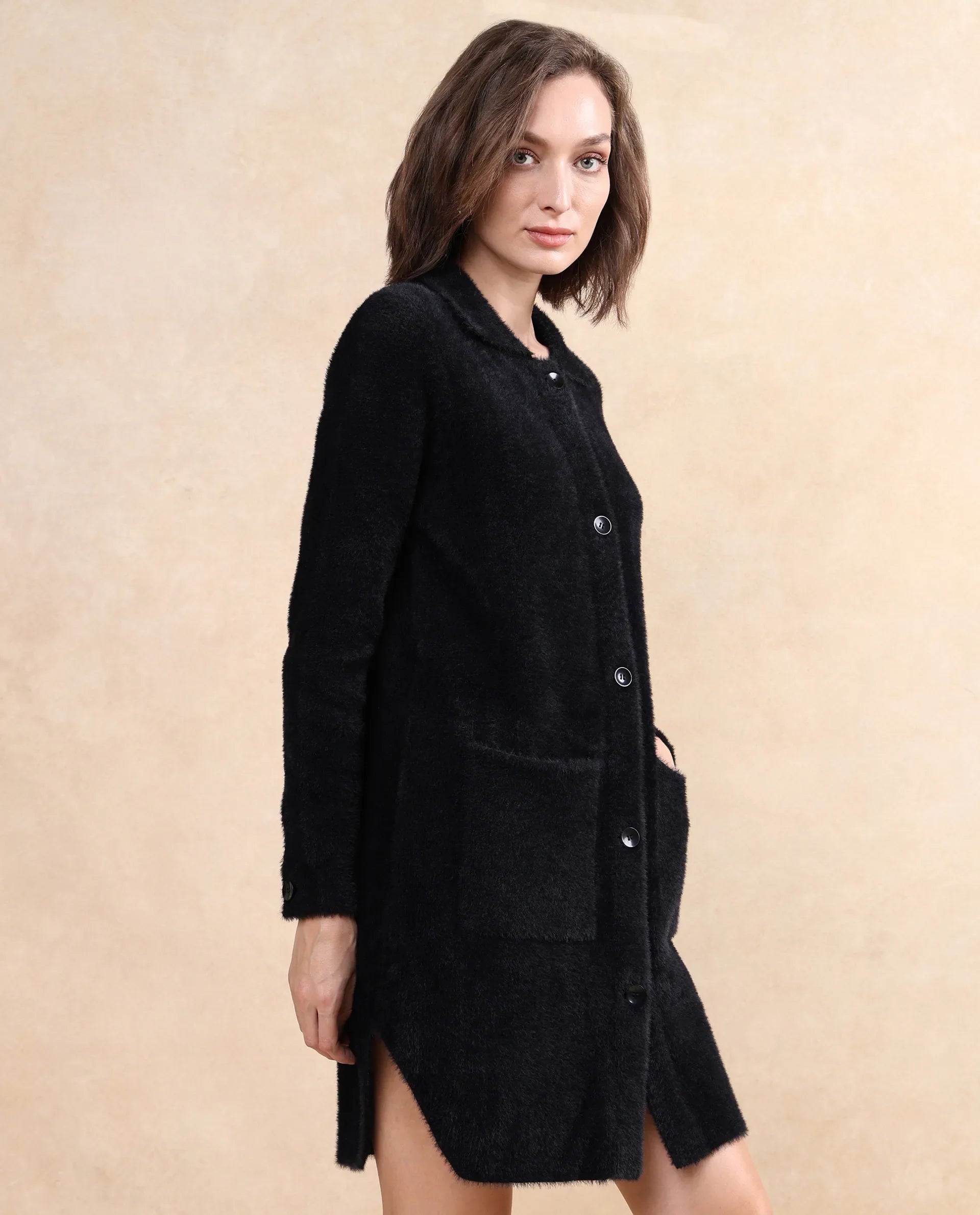 Rareism Women's Polyester Drop Collar Plain Cuffed Sleeve Knee Length Regular Fit Jacket