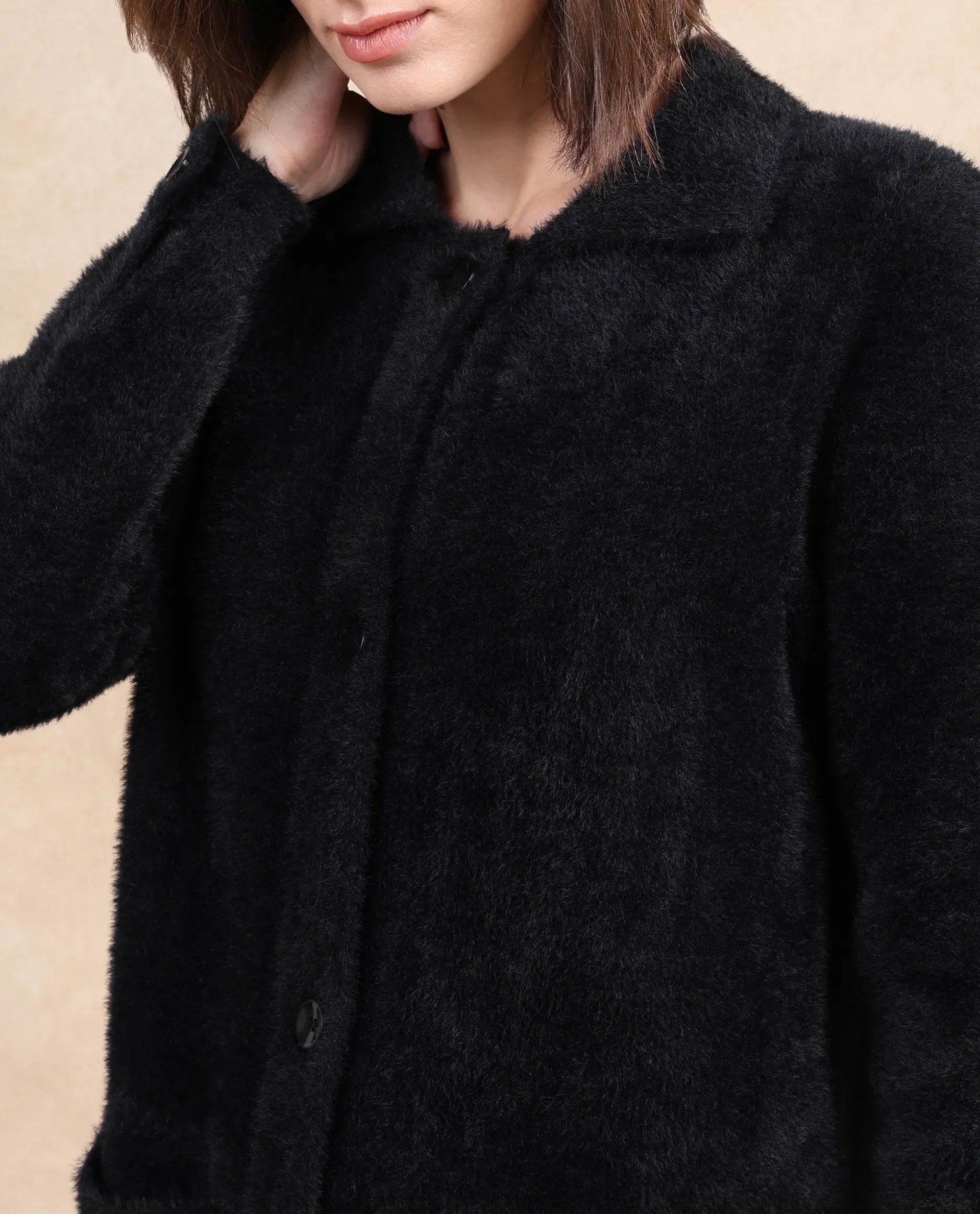 Rareism Women's Polyester Drop Collar Plain Cuffed Sleeve Knee Length Regular Fit Jacket