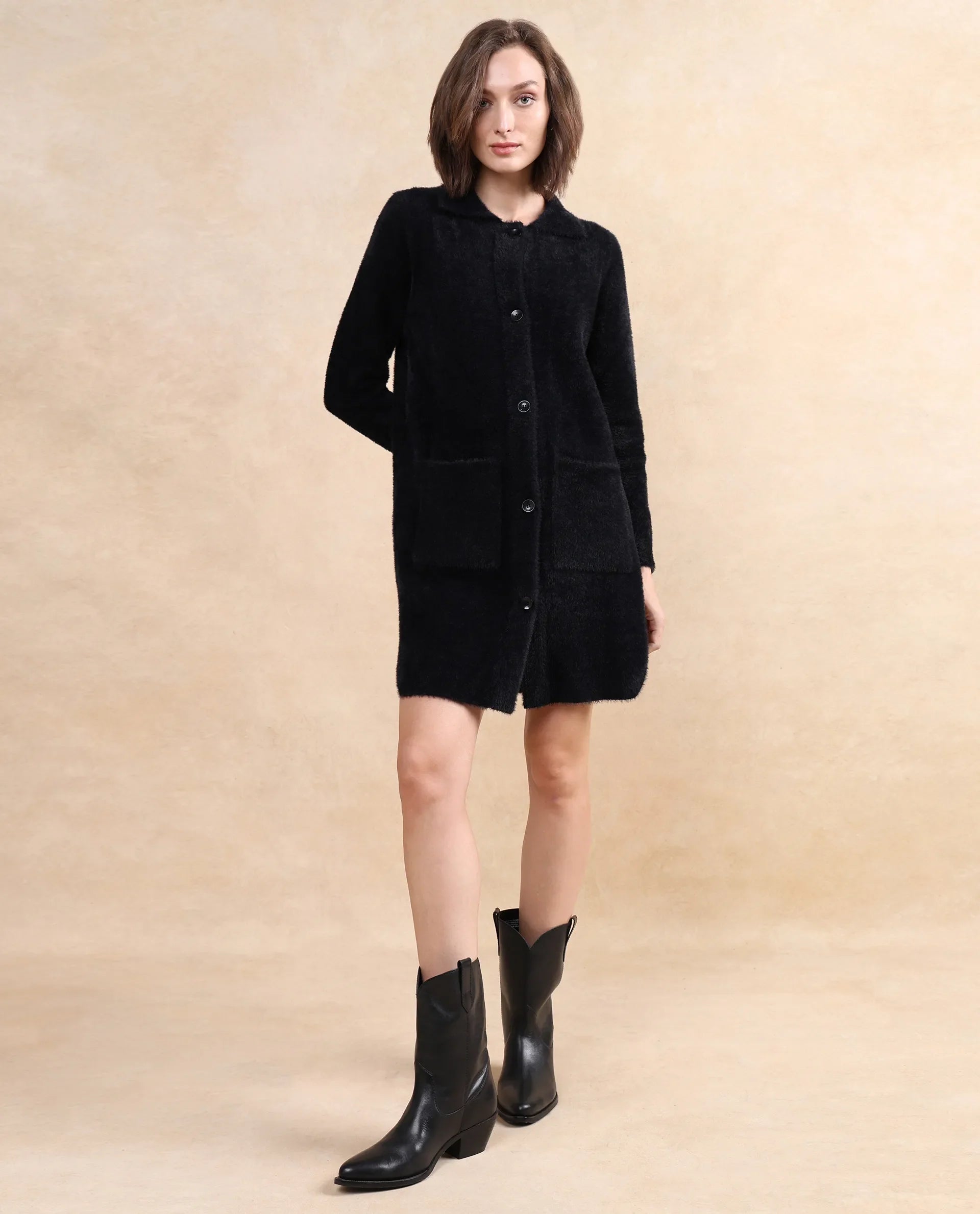 Rareism Women's Polyester Drop Collar Plain Cuffed Sleeve Knee Length Regular Fit Jacket