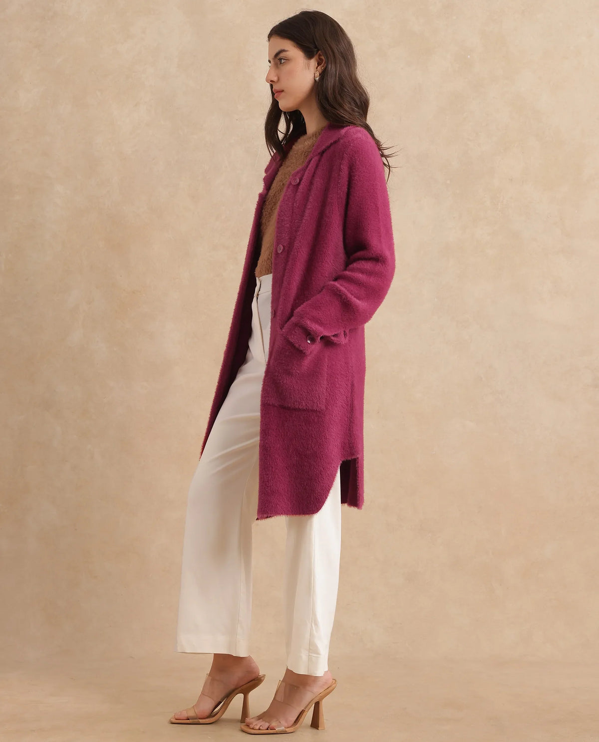 Rareism Women Krataz Dusky Maroon Cuffed Sleeve Collared Neck Button Closure Knee Length Plain Jacket
