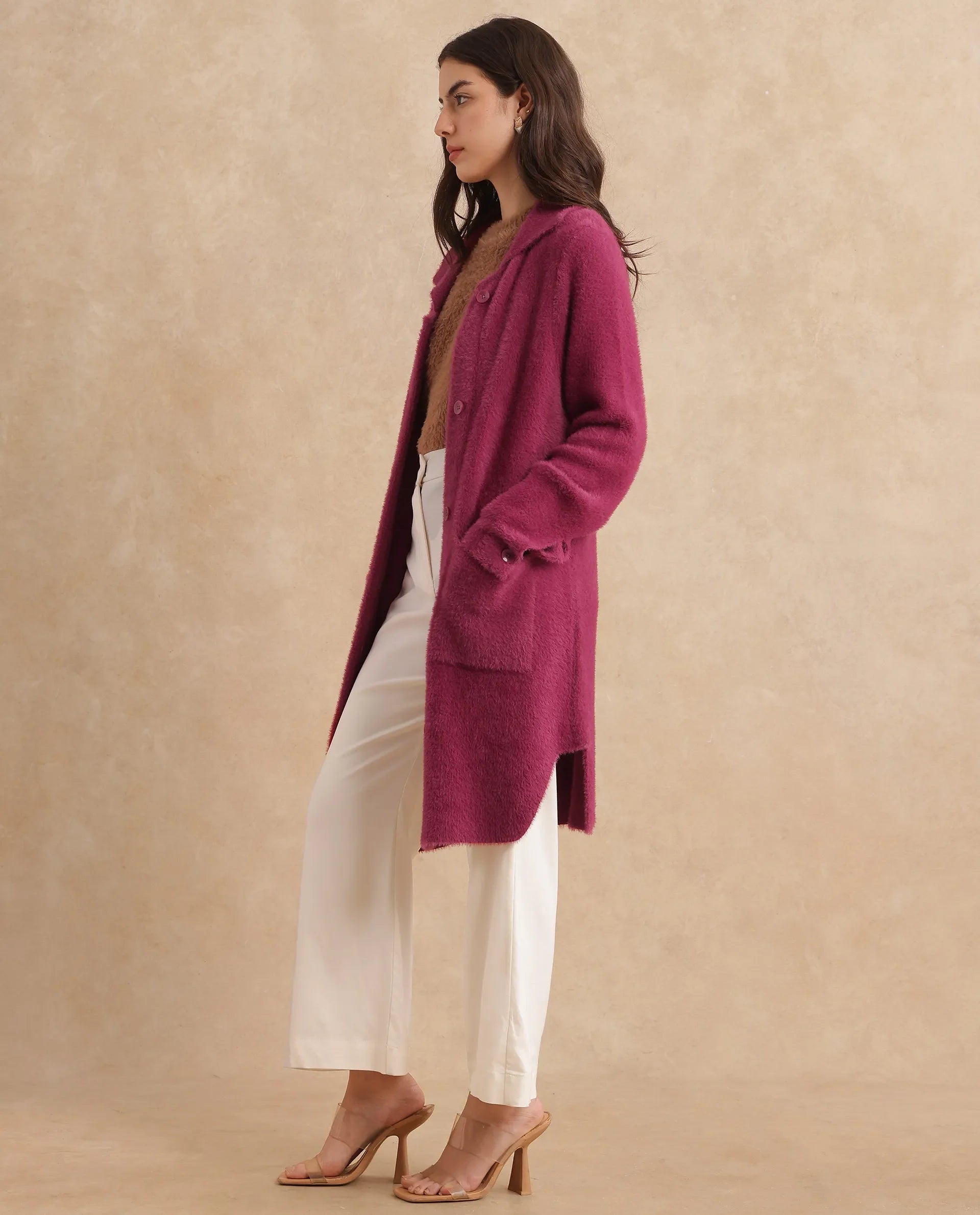 Rareism Women's Krataz Dusky Maroon Polyester Spread Collar Plain Cuffed Sleeve Knee Length Regular Fit Jacket