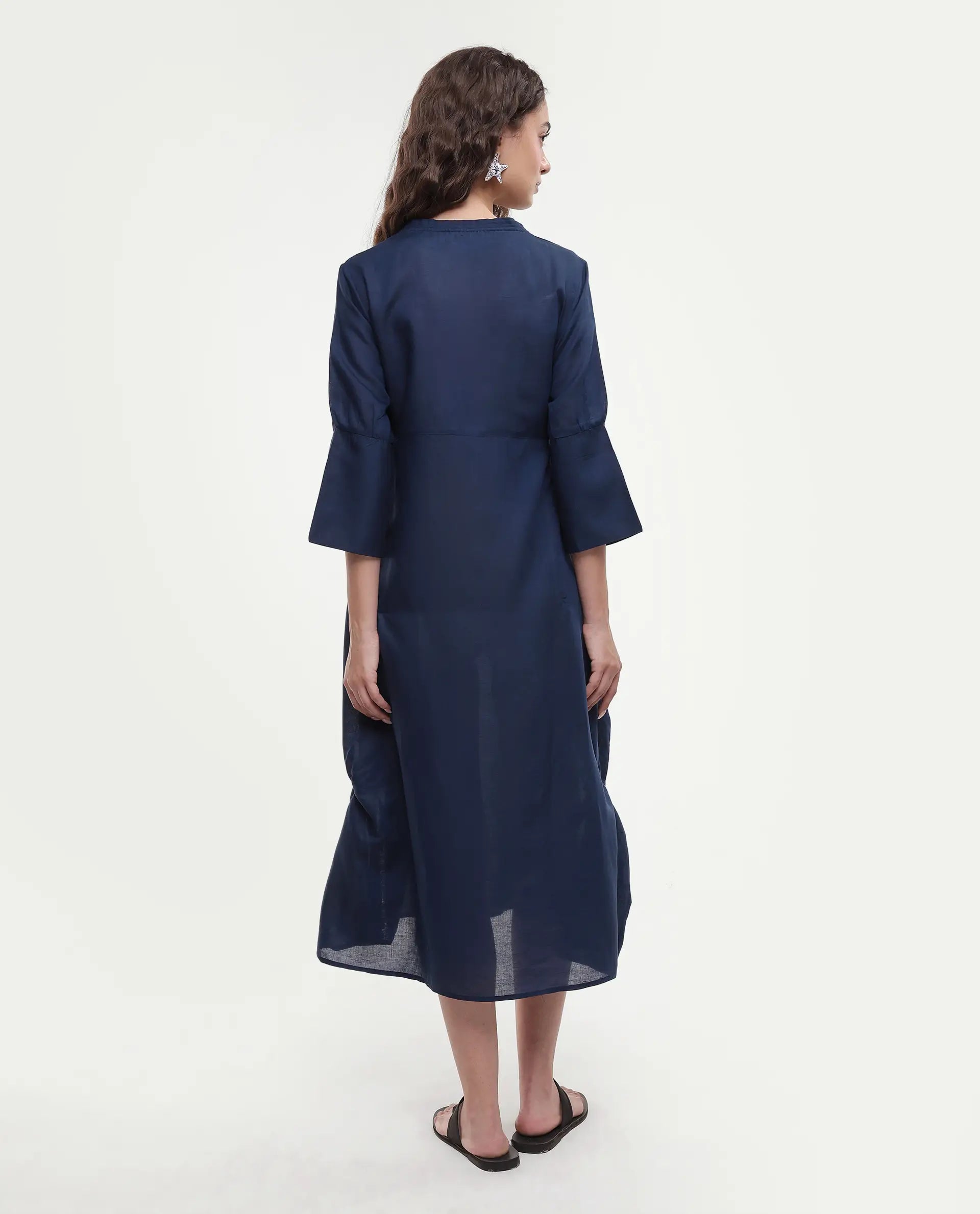 Rareism Women's Krick Navy Modal Blend V-Neck Plain Midi Relaxed Fit Dress
