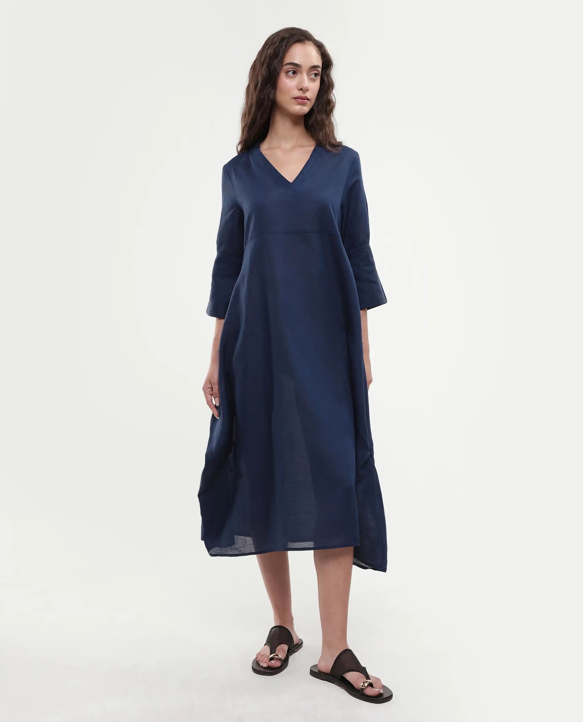Rareism Women's Krick Navy Modal Blend V-Neck Plain Midi Relaxed Fit Dress