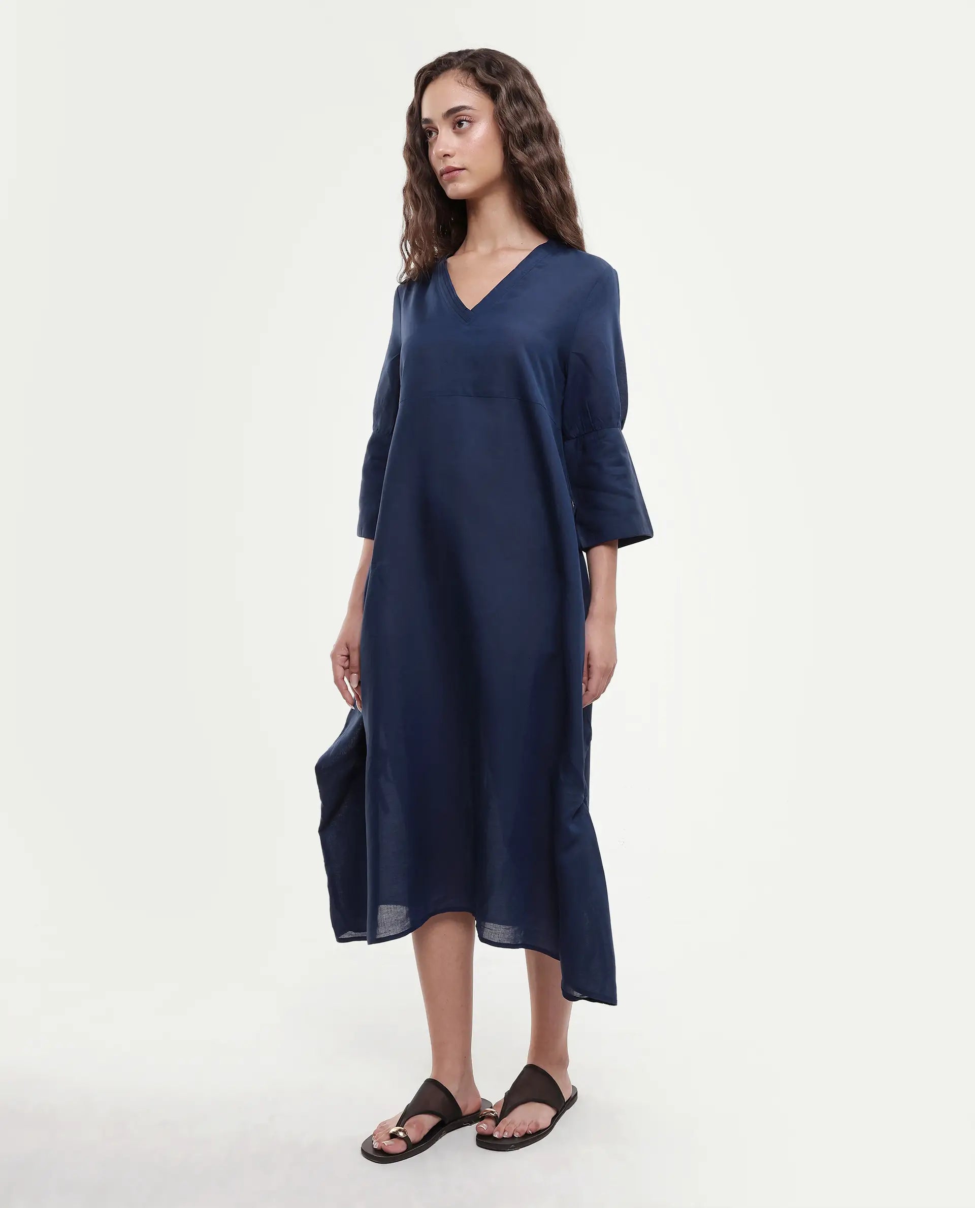 Rareism Women's Krick Navy Modal Blend V-Neck Plain Midi Relaxed Fit Dress