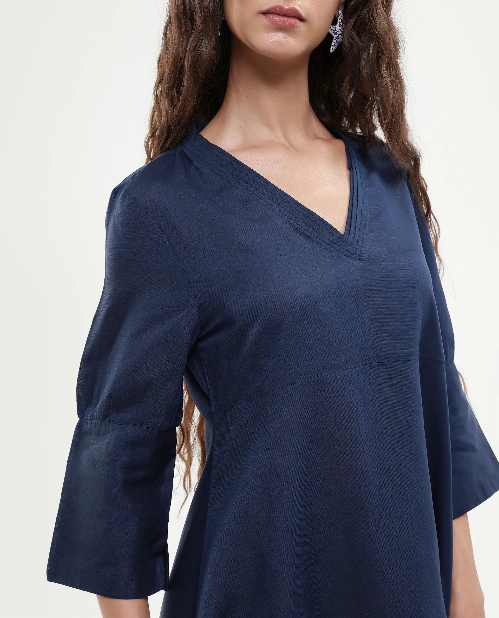 Rareism Women's Krick Navy Modal Blend V-Neck Plain Midi Relaxed Fit Dress